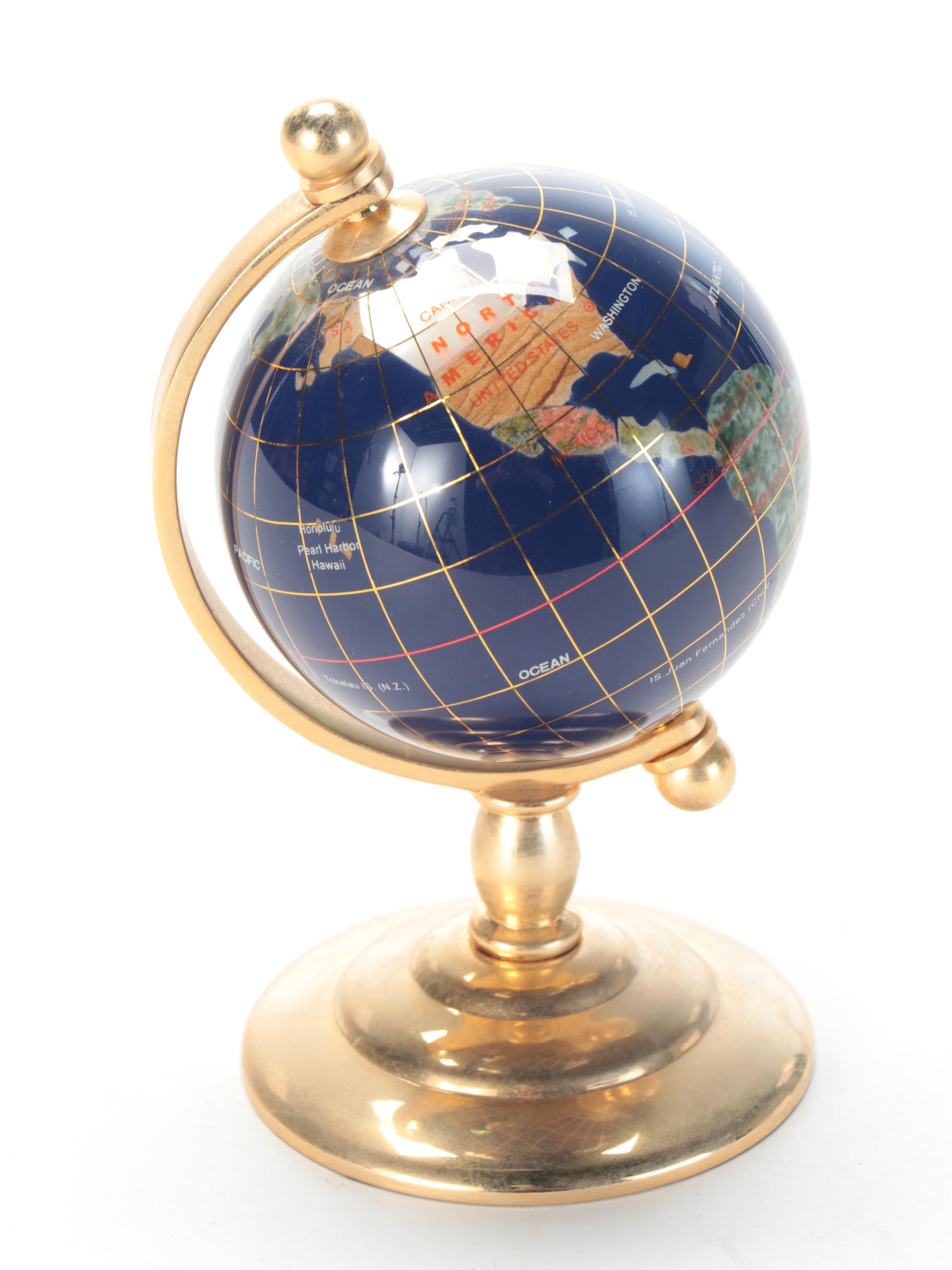 Sandstone, Marble, Jasper, Abalone and More World Globe With Mini Globe, Vintage