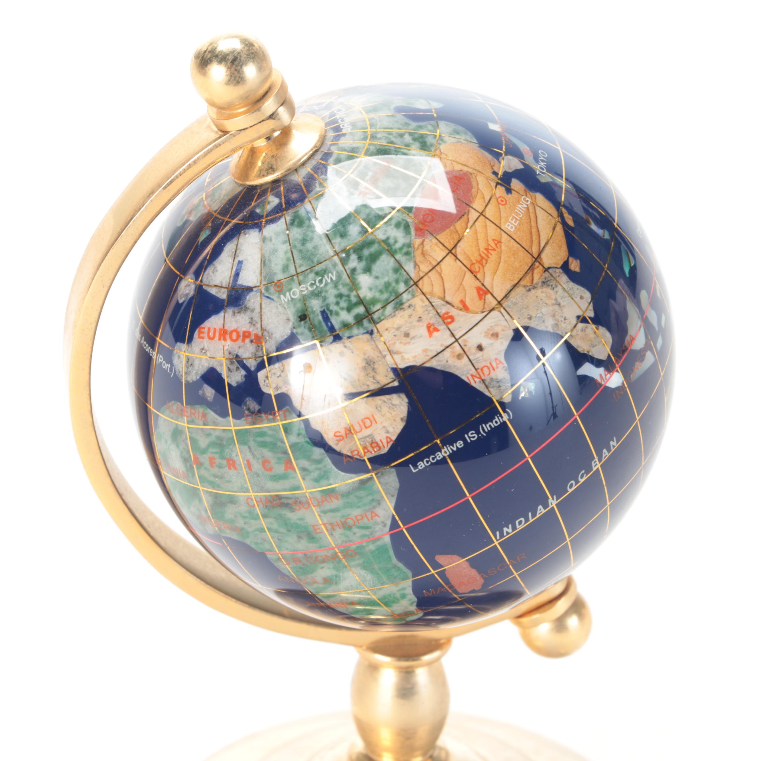 Sandstone, Marble, Jasper, Abalone and More World Globe With Mini Globe, Vintage