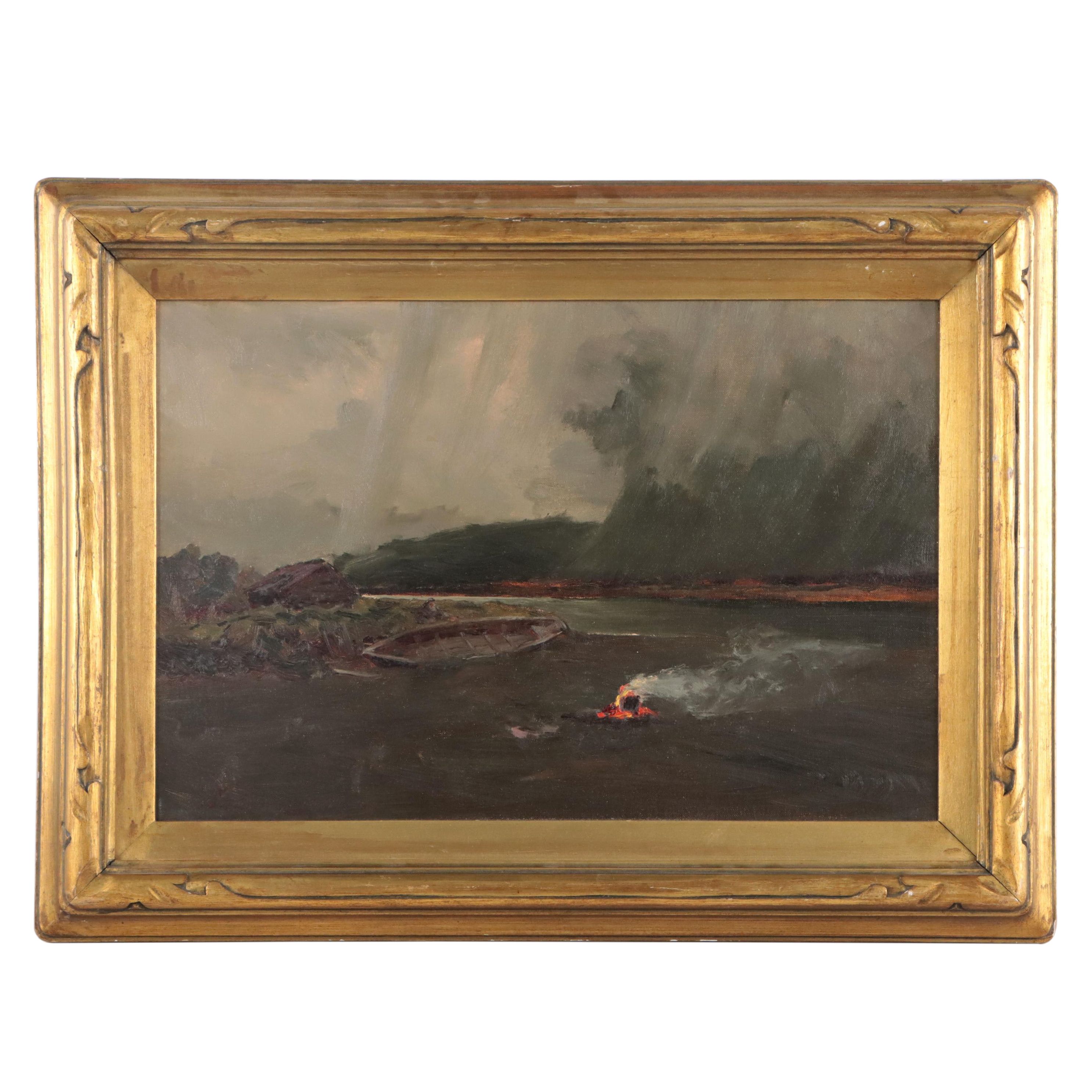 Naval Scene in Stormy Coastal Landscape Oil Painting