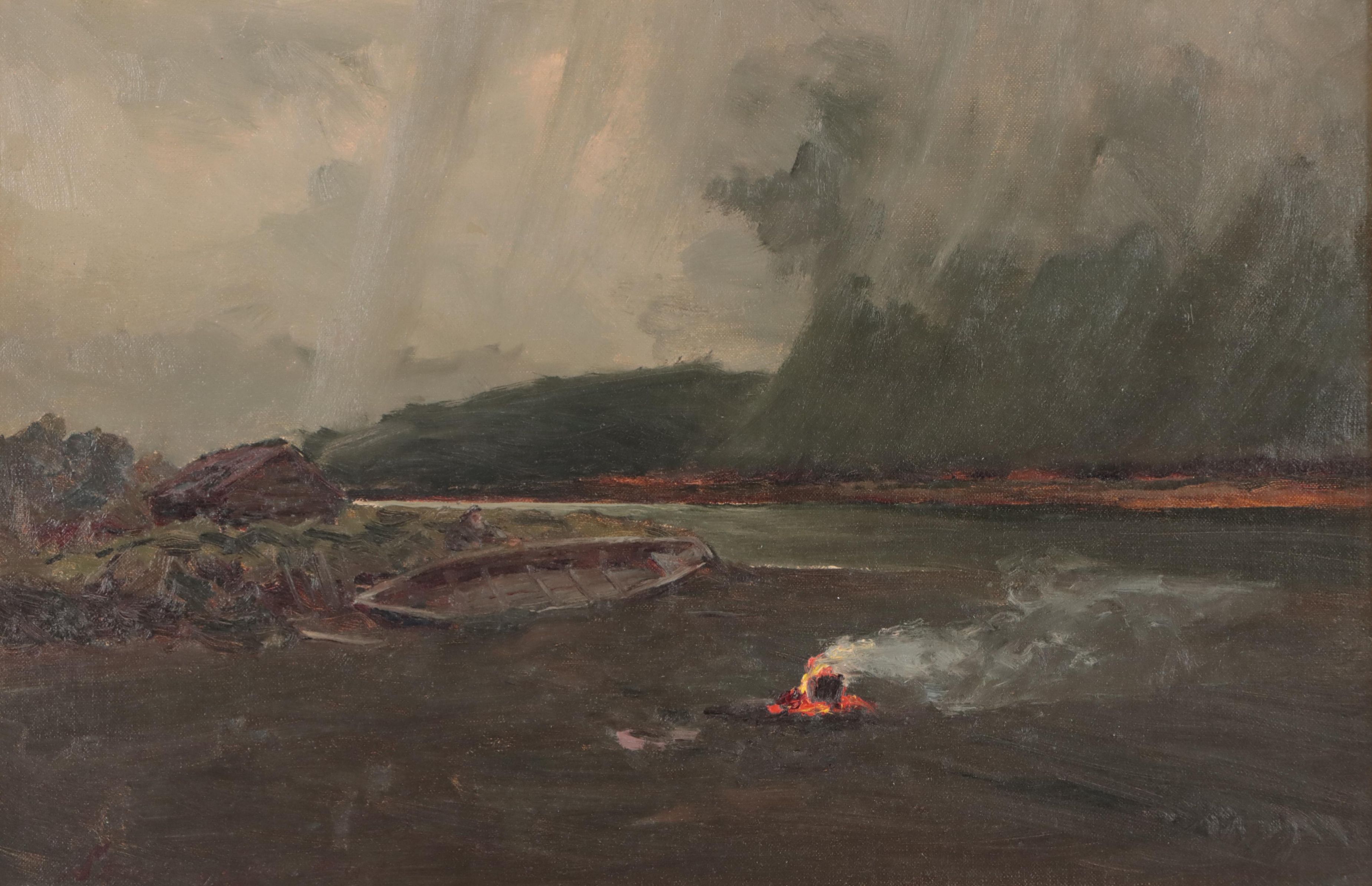 Naval Scene in Stormy Coastal Landscape Oil Painting