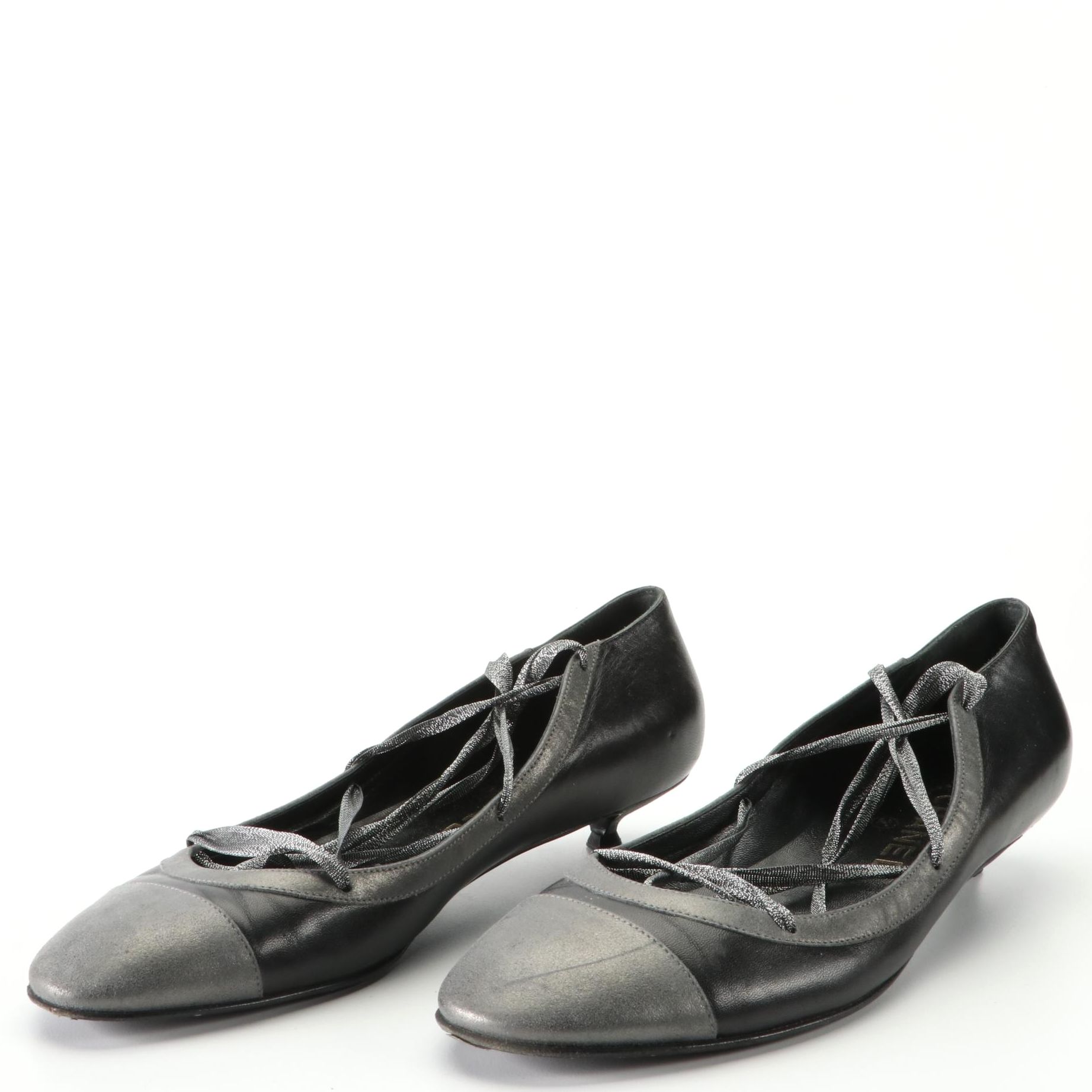 Chanel Metallic Leather Cap Toe Lace Up Pumps