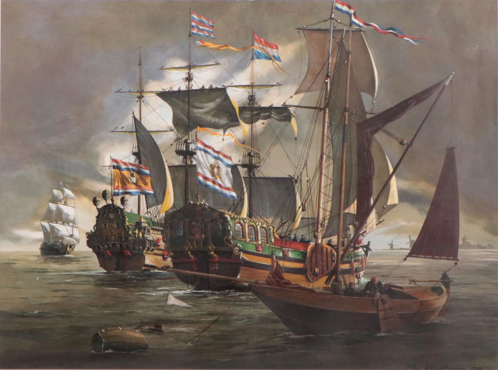 Acrylic Painting of Dutch Sailing Ships, 1992
