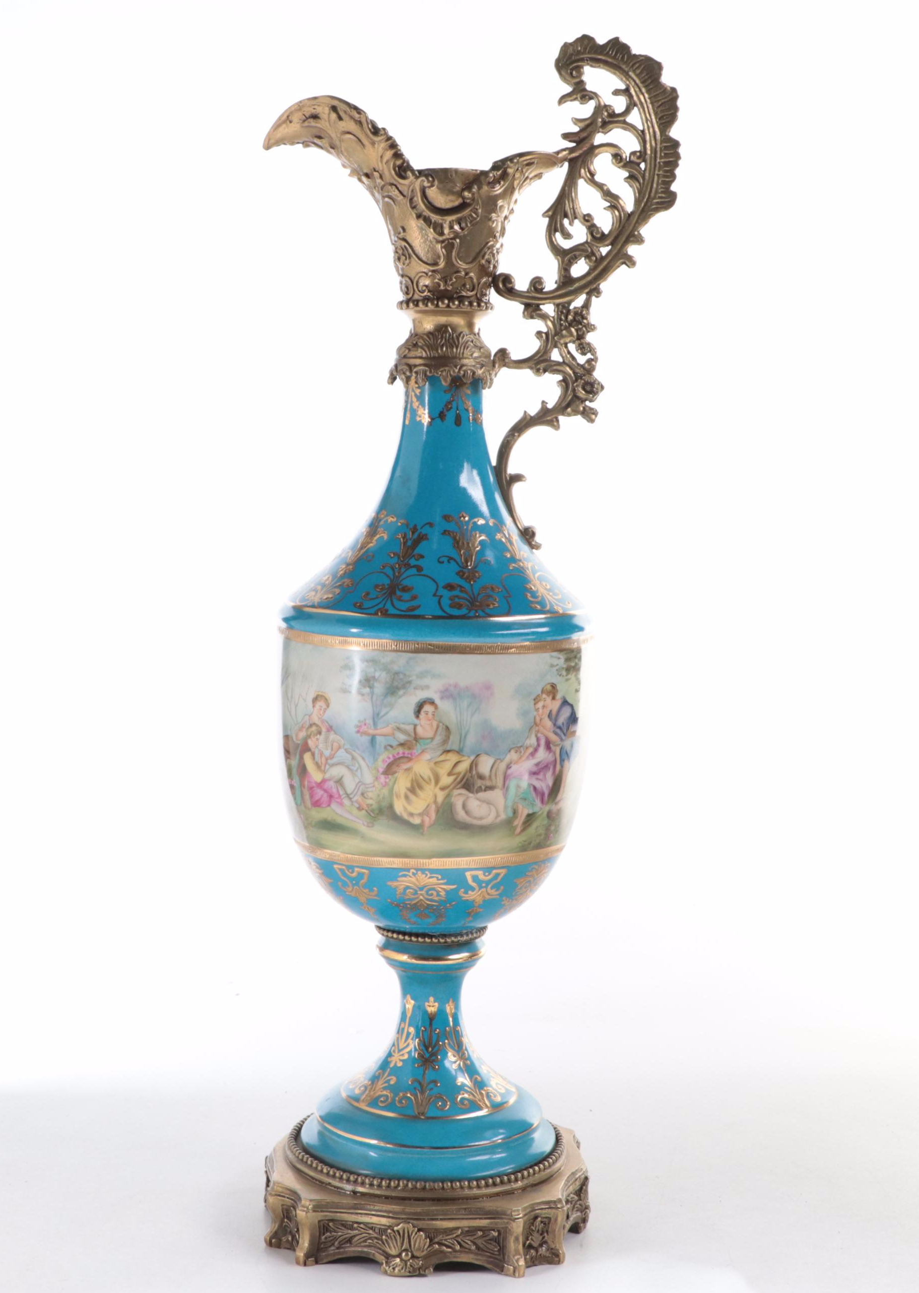 Sèvres Style Porcelain Bleu Céleste Ormolu Mounted Ewers