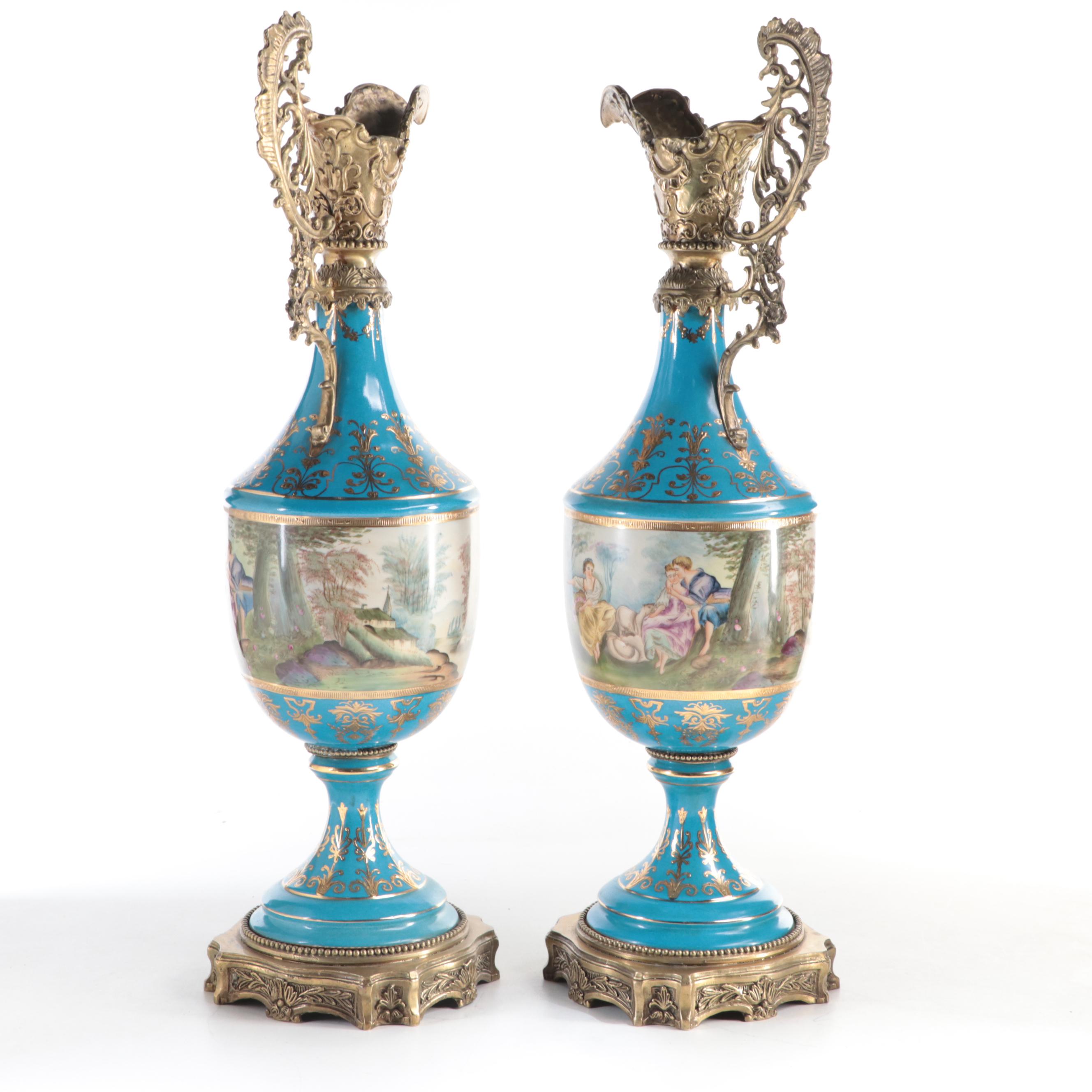 Sèvres Style Porcelain Bleu Céleste Ormolu Mounted Ewers