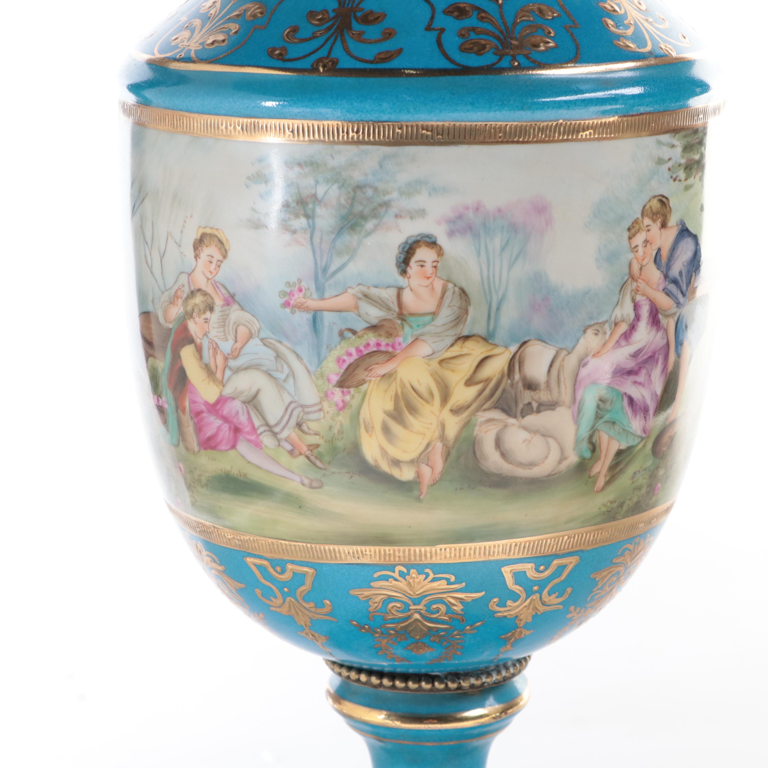 Sèvres Style Porcelain Bleu Céleste Ormolu Mounted Ewers