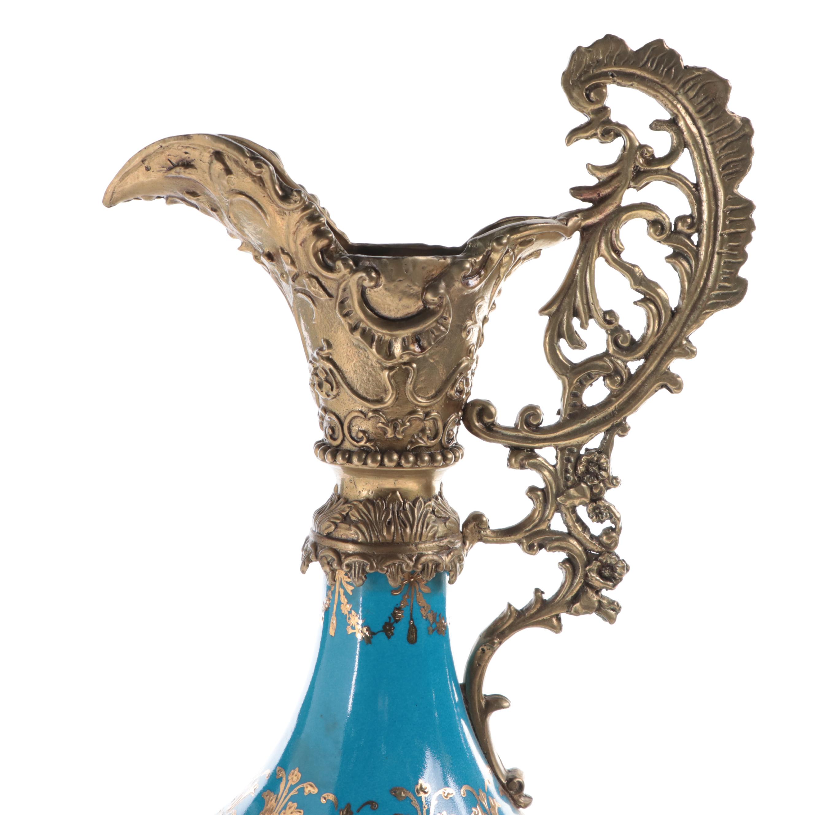 Sèvres Style Porcelain Bleu Céleste Ormolu Mounted Ewers