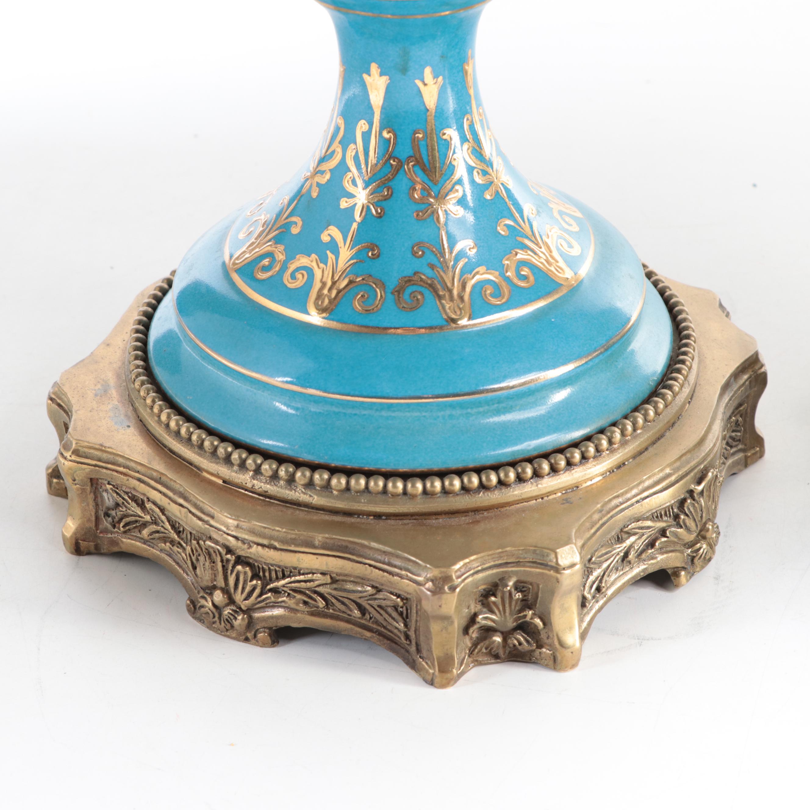 Sèvres Style Porcelain Bleu Céleste Ormolu Mounted Ewers