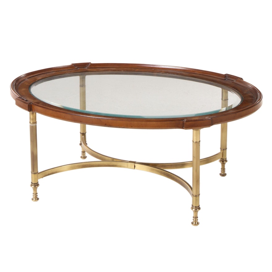 Neoclassical Style Elm, Brass, and Glass Top Coffee Table