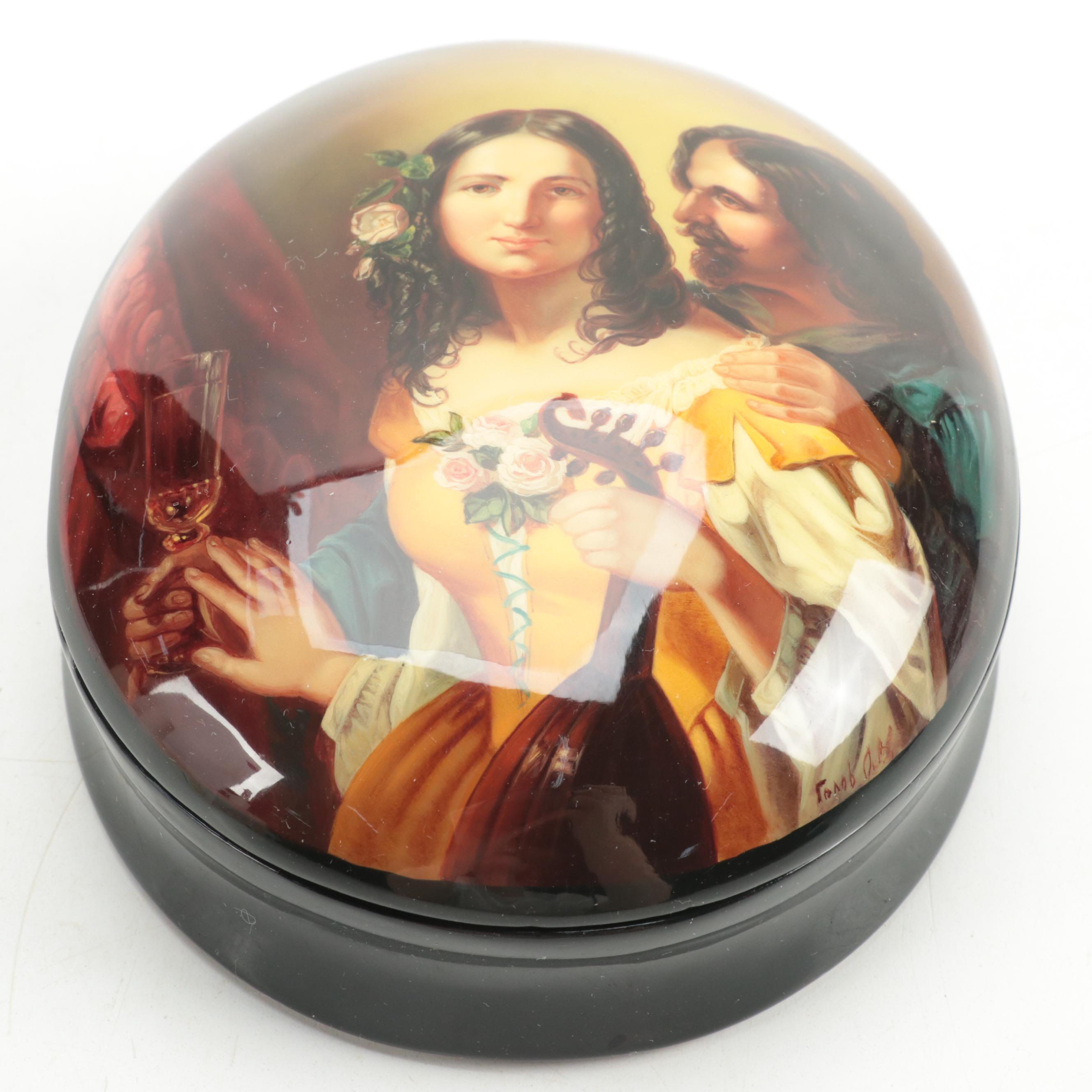 Russian Golov Hand-Painted "Angel with Harp" Lacquerware Box