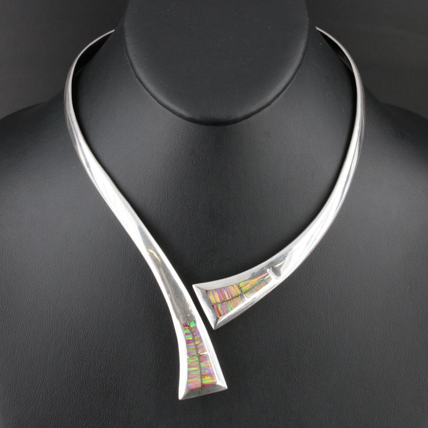 950 Silver Opal Hinged Collar Necklace