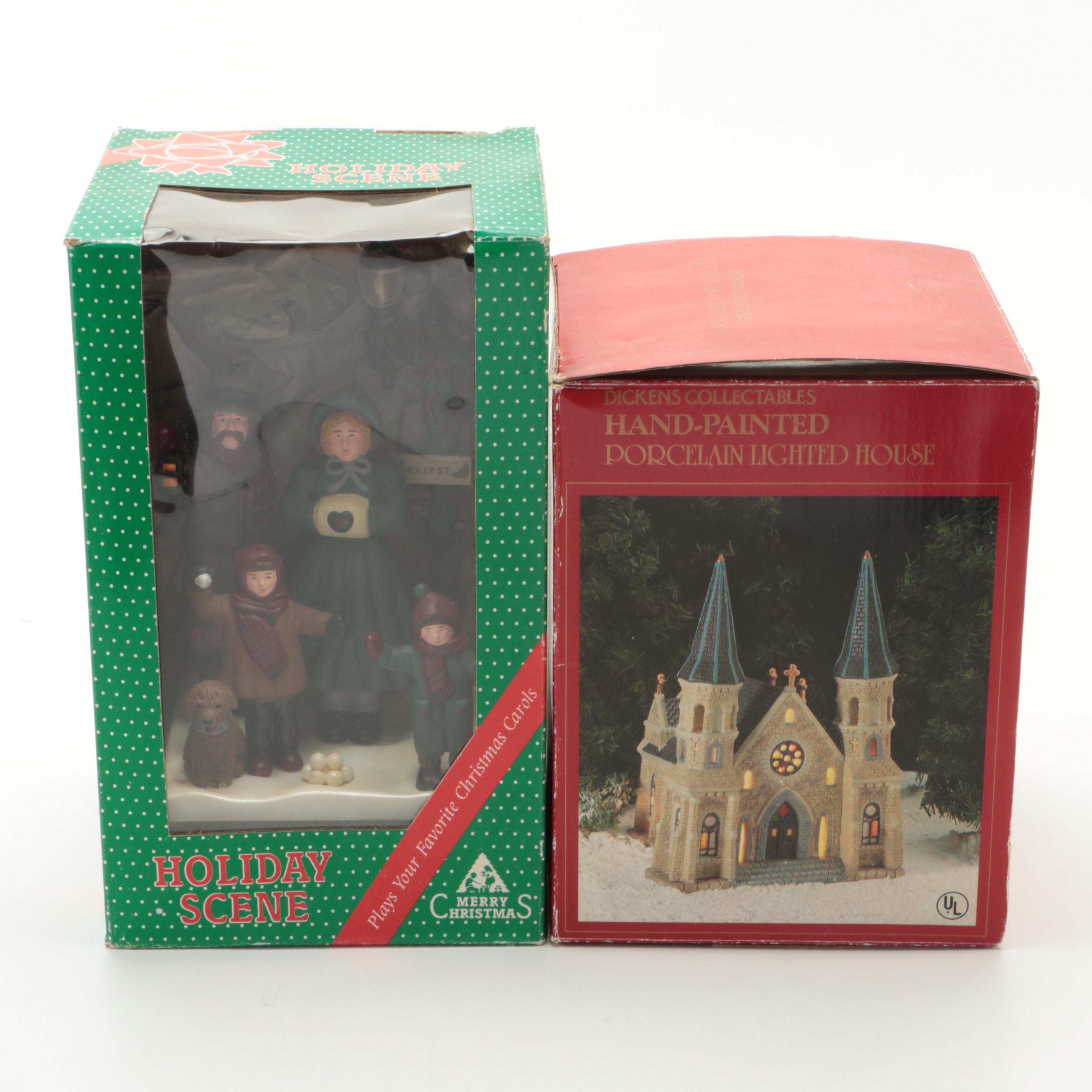 Dickens Collectables Pre-Lit Porcelain House With Figurines, Tree, Tags, More