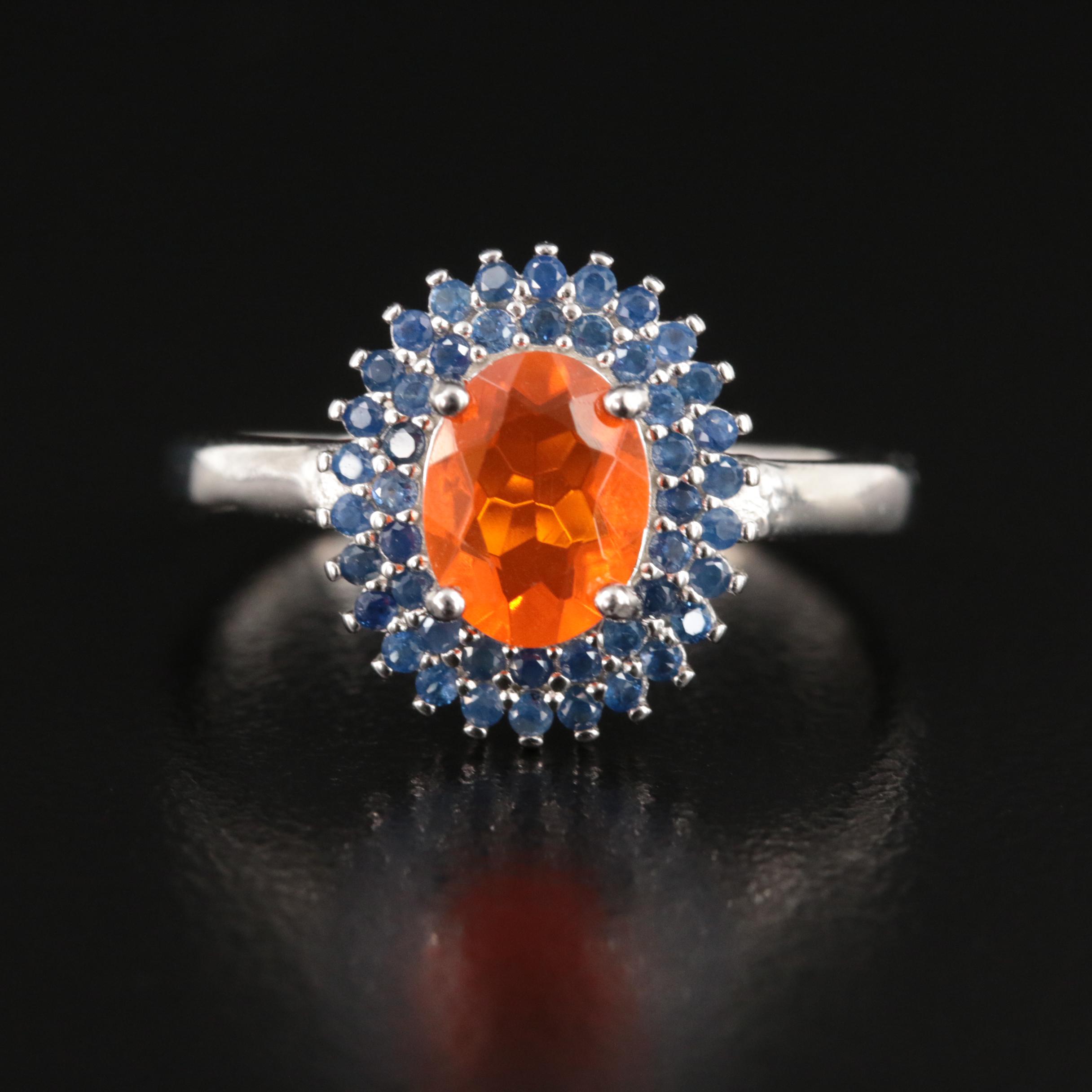 Sterling Fire Opal and Sapphire Ring