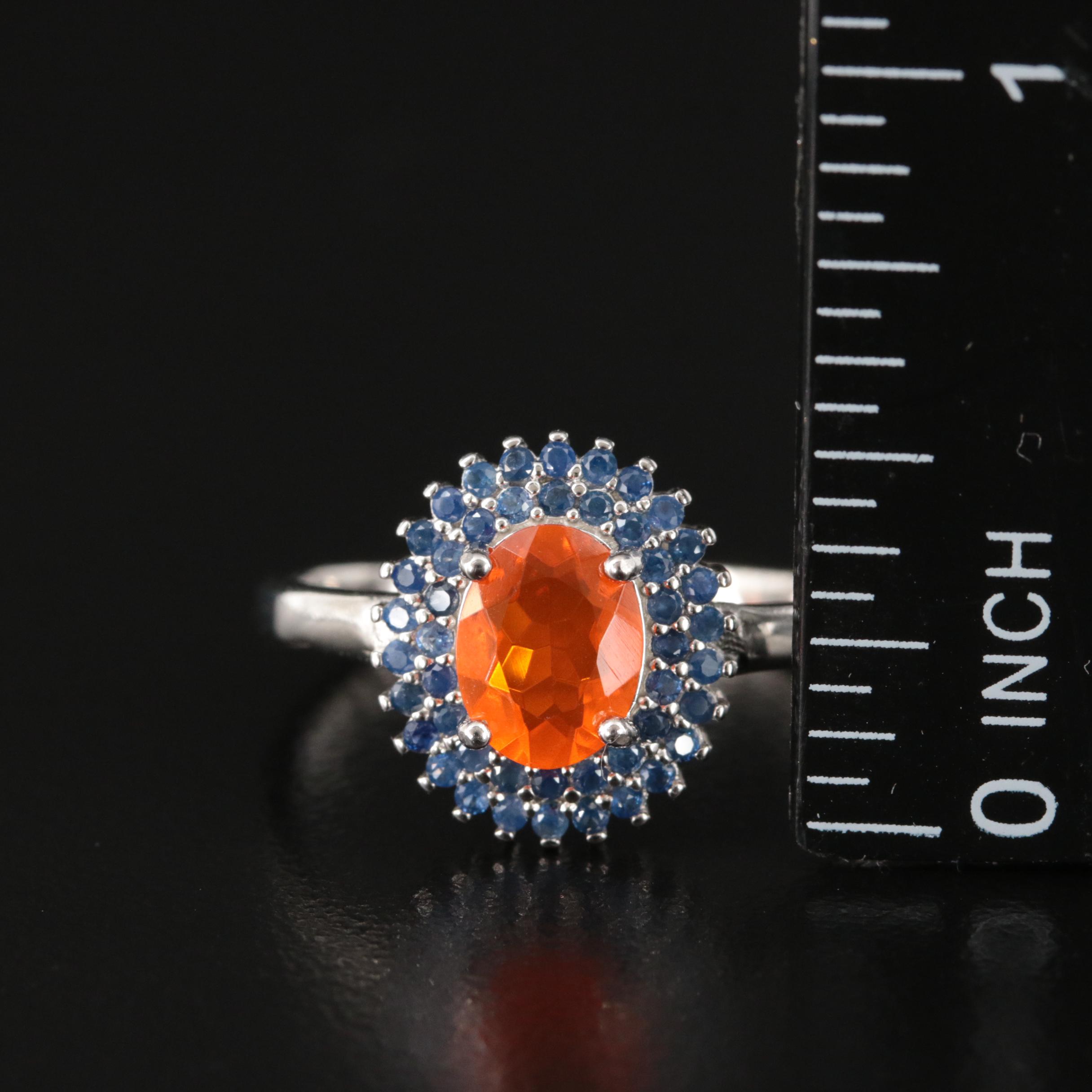 Sterling Fire Opal and Sapphire Ring