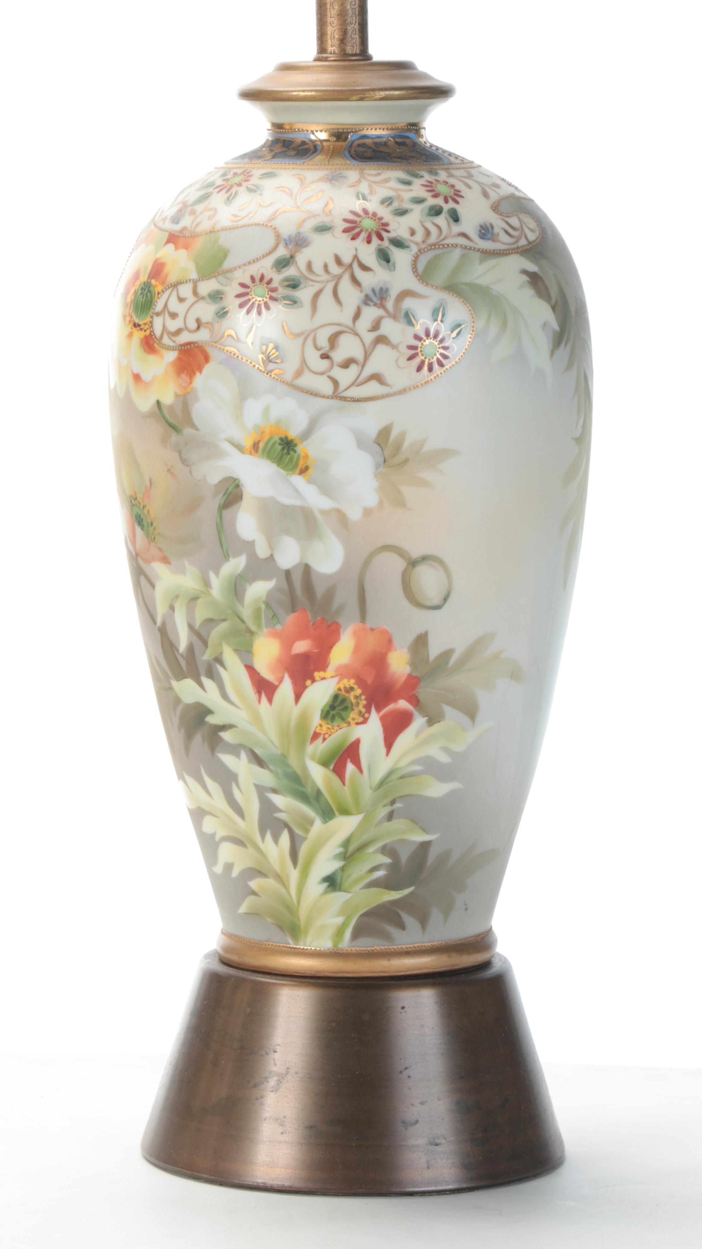 Brass Tea Canister and Painted Ceramic Table Lamps, Mid to Late 20th Century