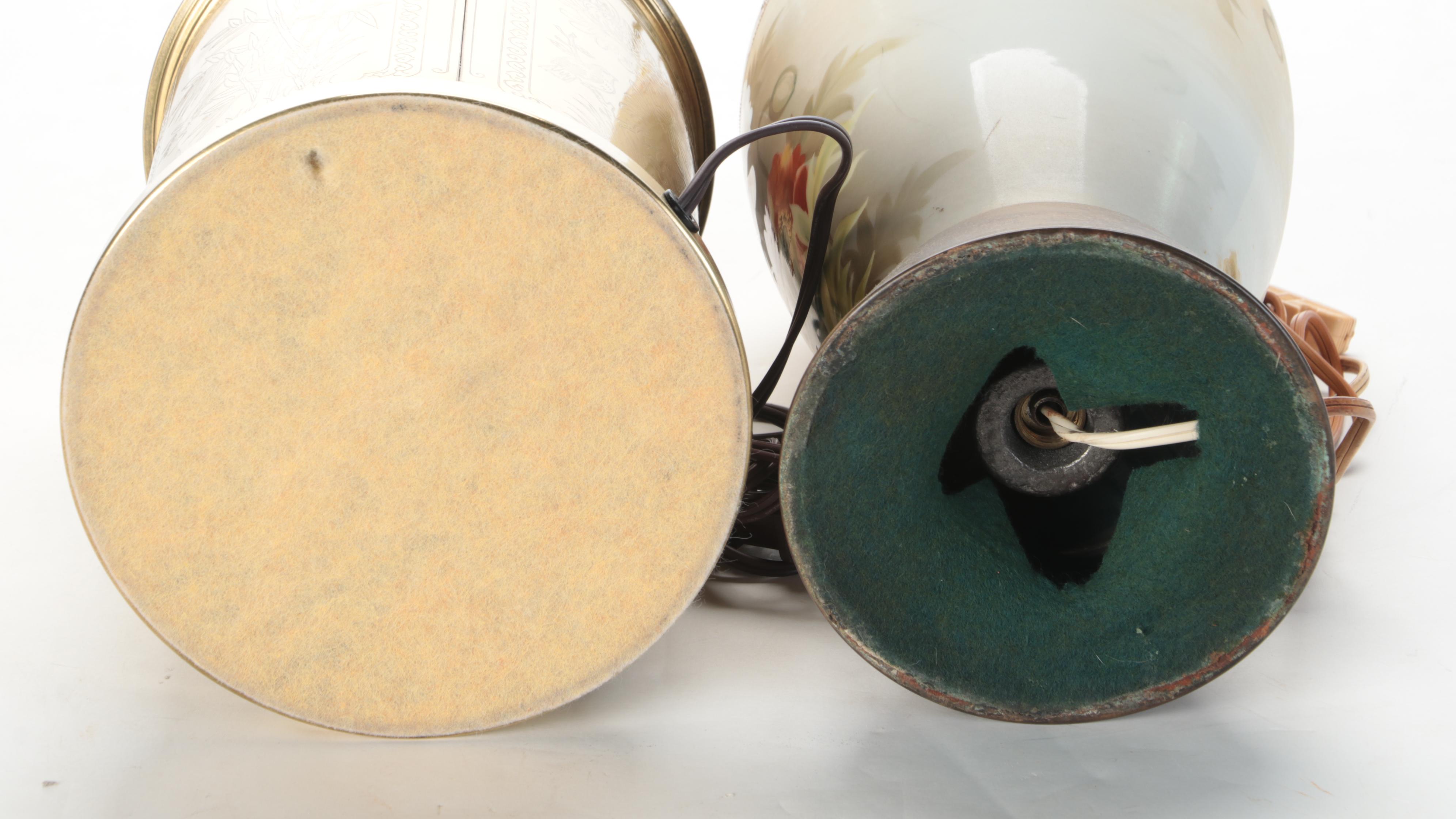 Brass Tea Canister and Painted Ceramic Table Lamps, Mid to Late 20th Century