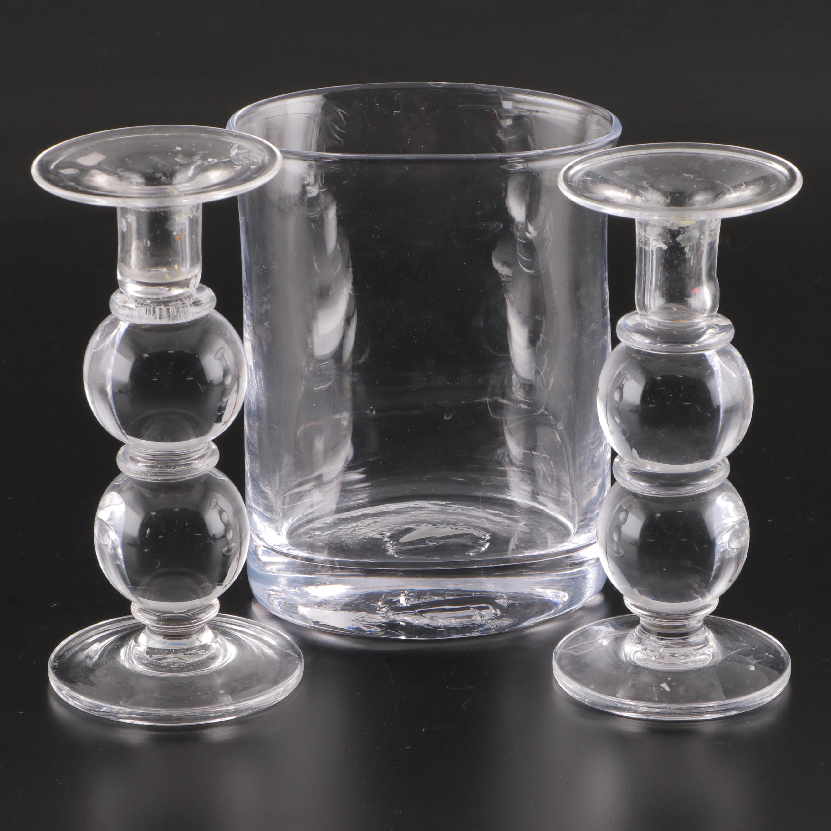 Simon Pearce Glass Hartland Candlesticks and Vase
