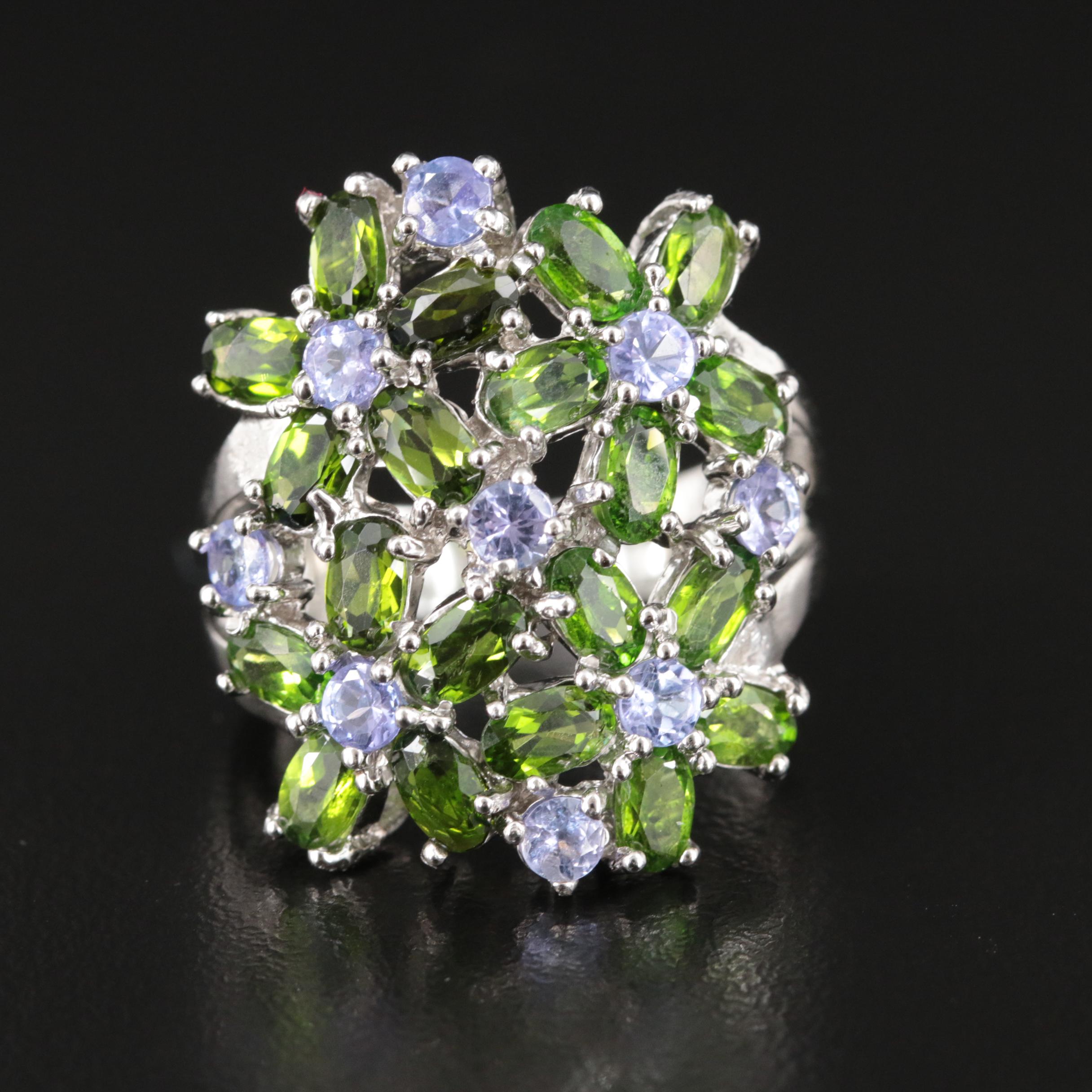 Sterling Tanzanite and Diopside Floral Cluster Ring