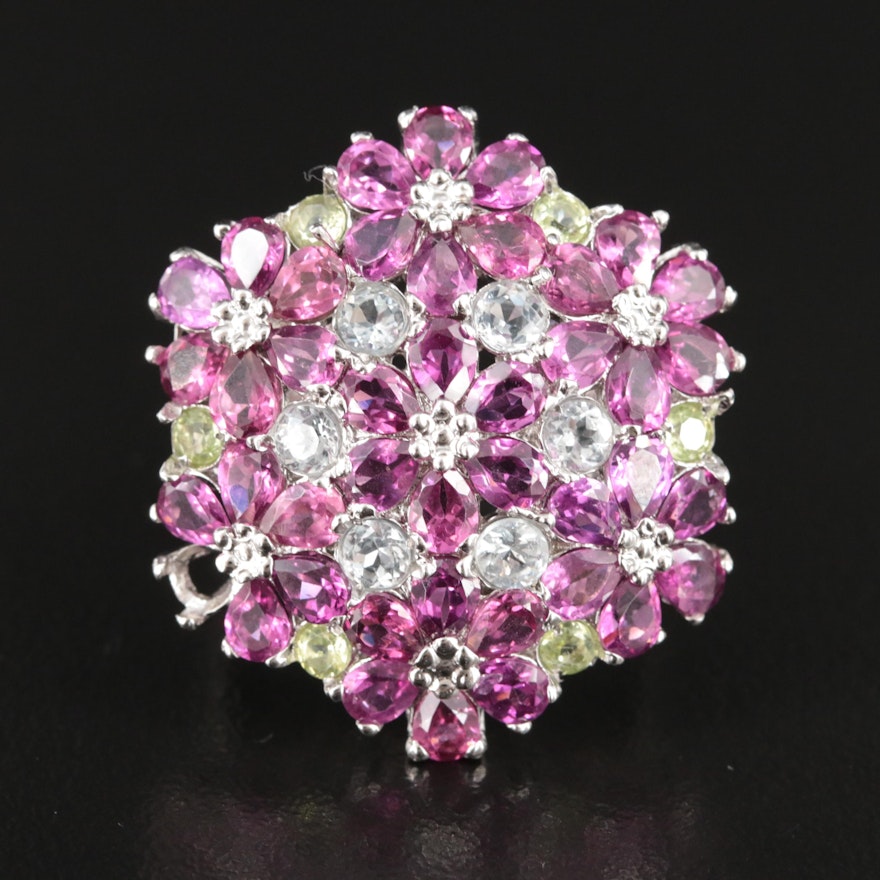 Sterling Garnet, Aquamarine and Peridot Floral Cluster Ring