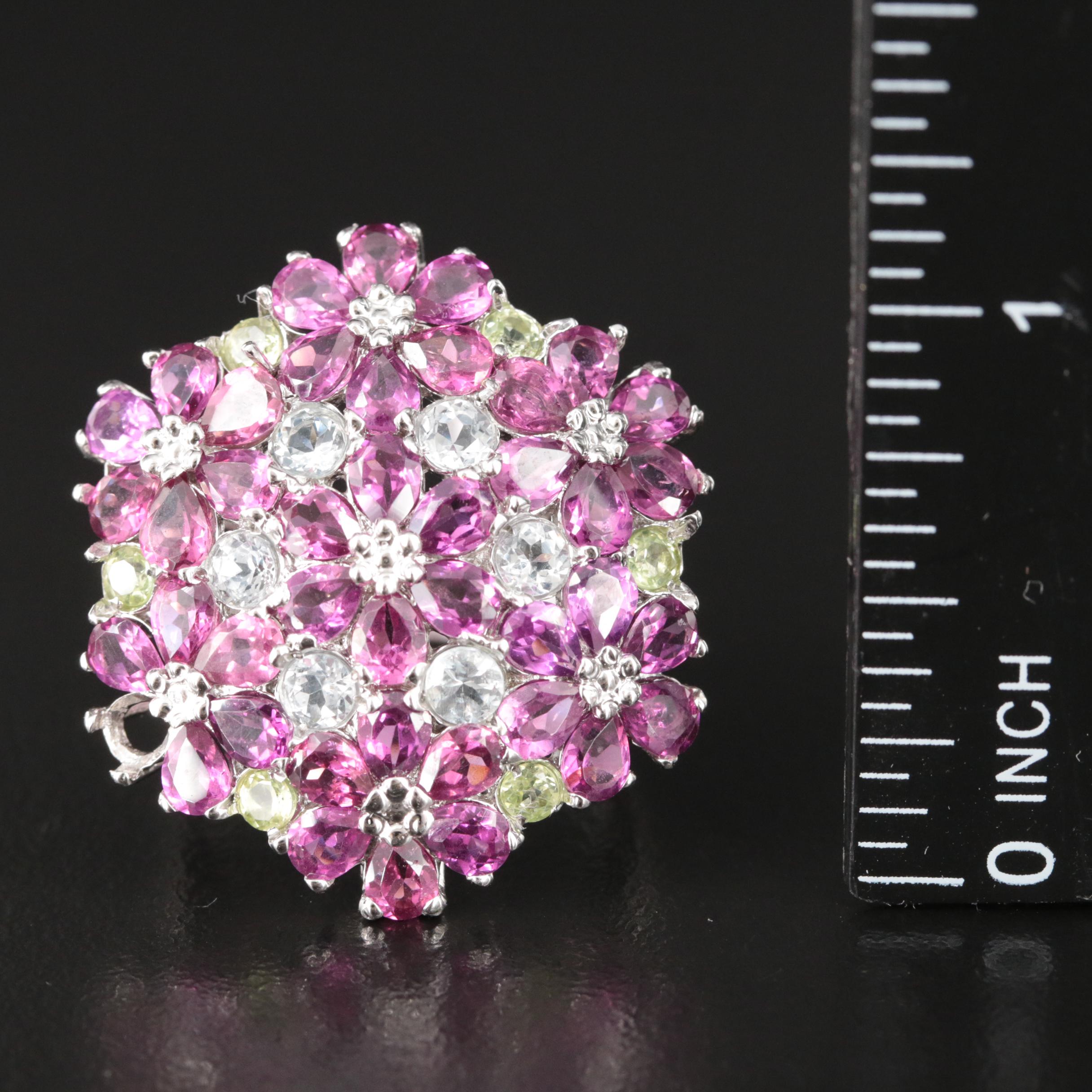 Sterling Garnet, Aquamarine and Peridot Floral Cluster Ring