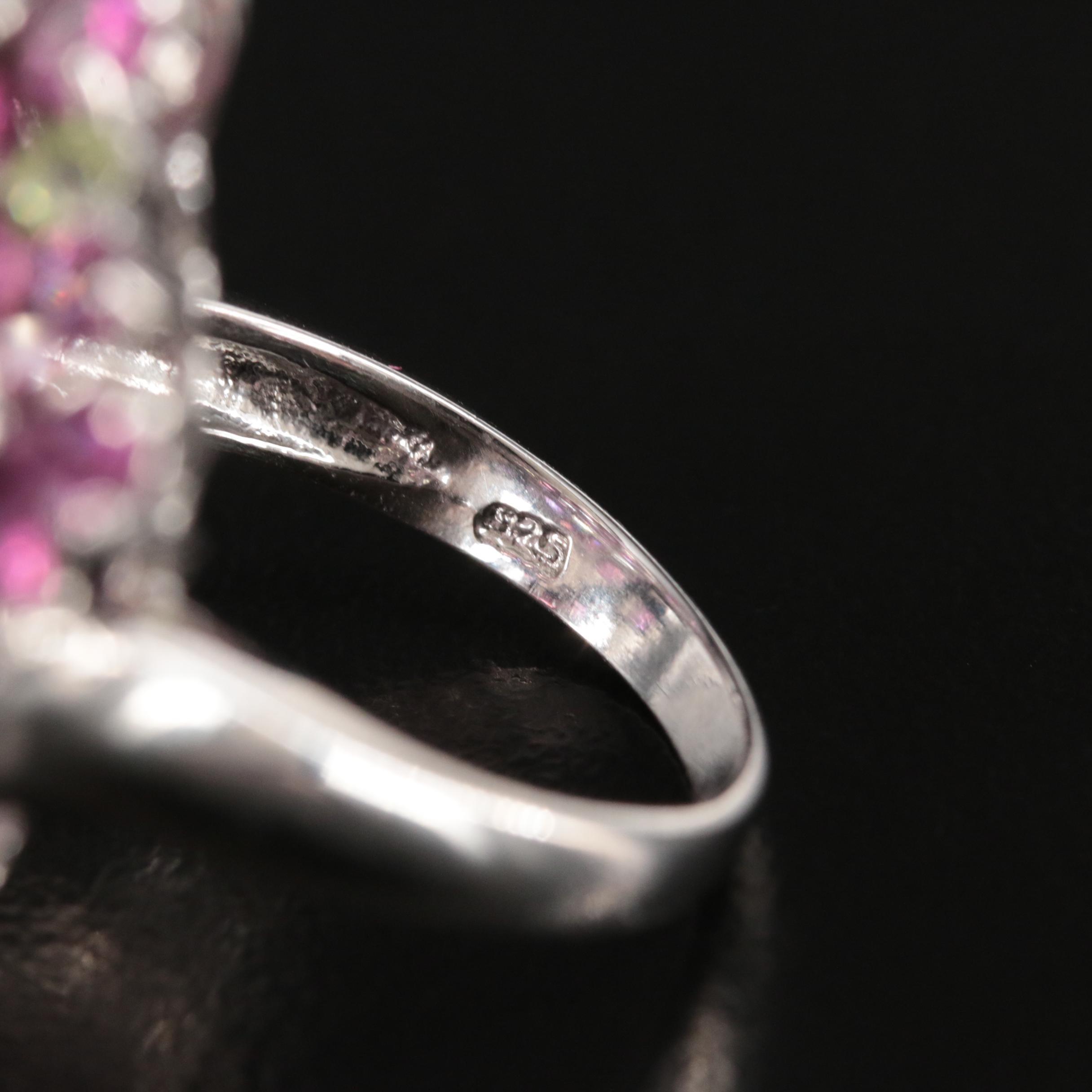 Sterling Garnet, Aquamarine and Peridot Floral Cluster Ring