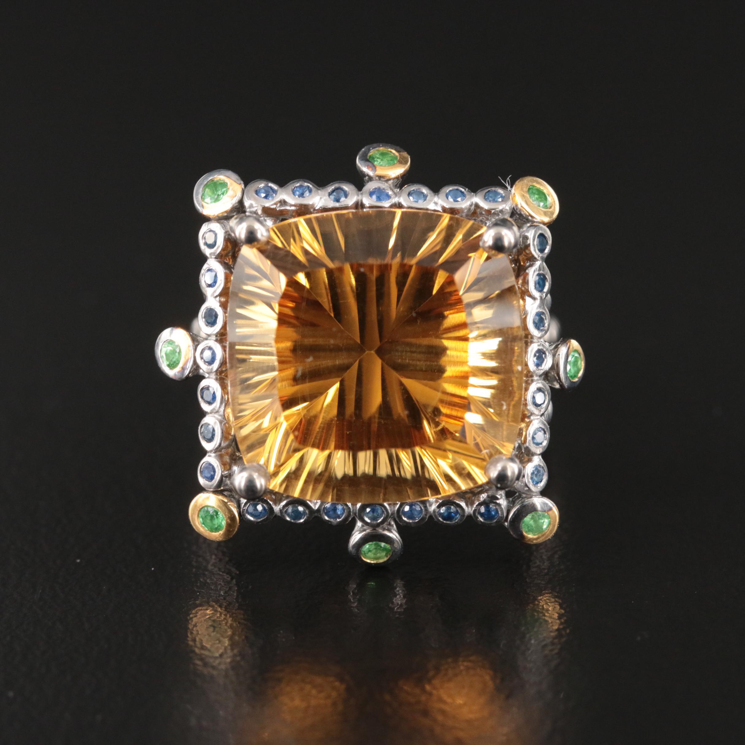 Sterling Citrine, Sapphire and Diopside Ring