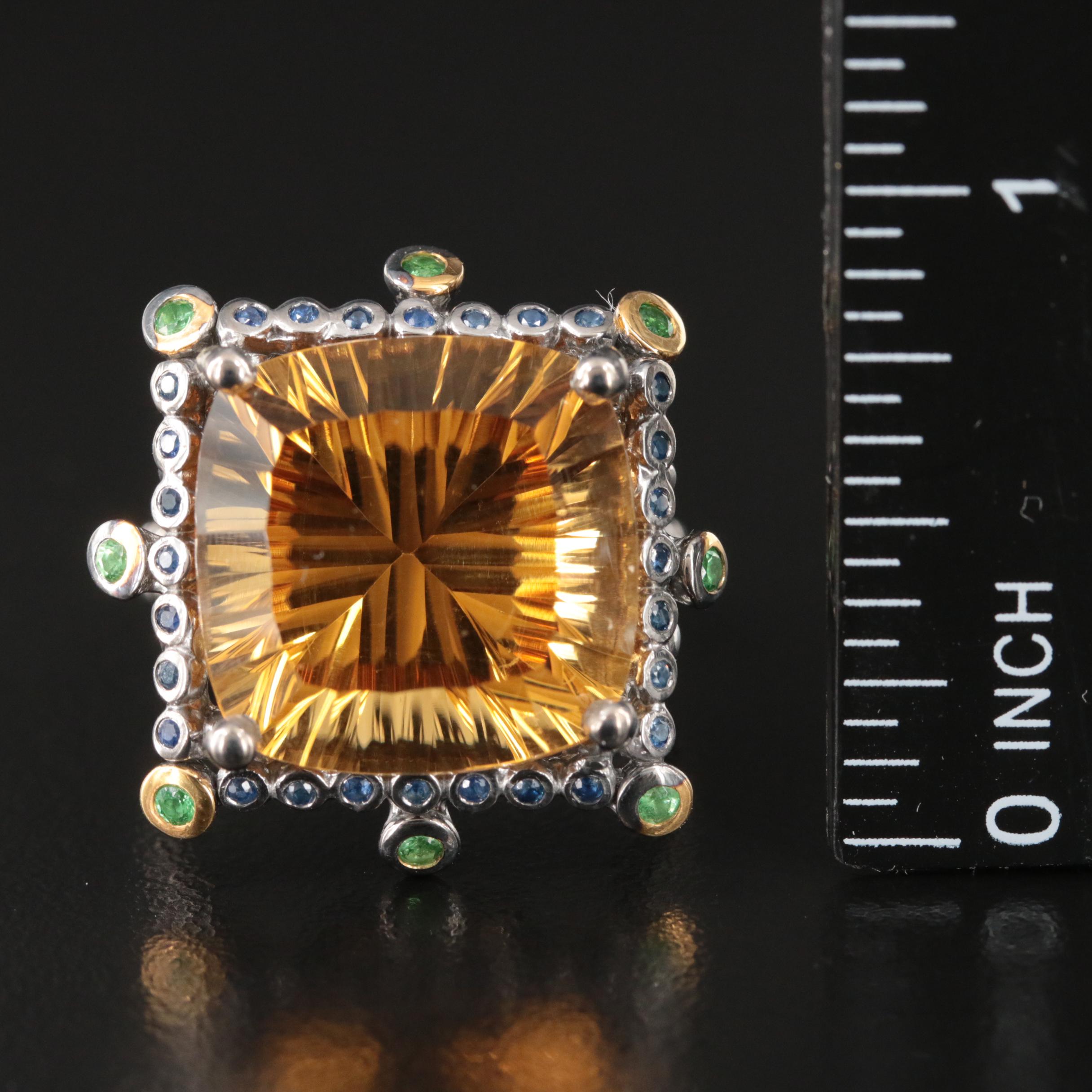 Sterling Citrine, Sapphire and Diopside Ring