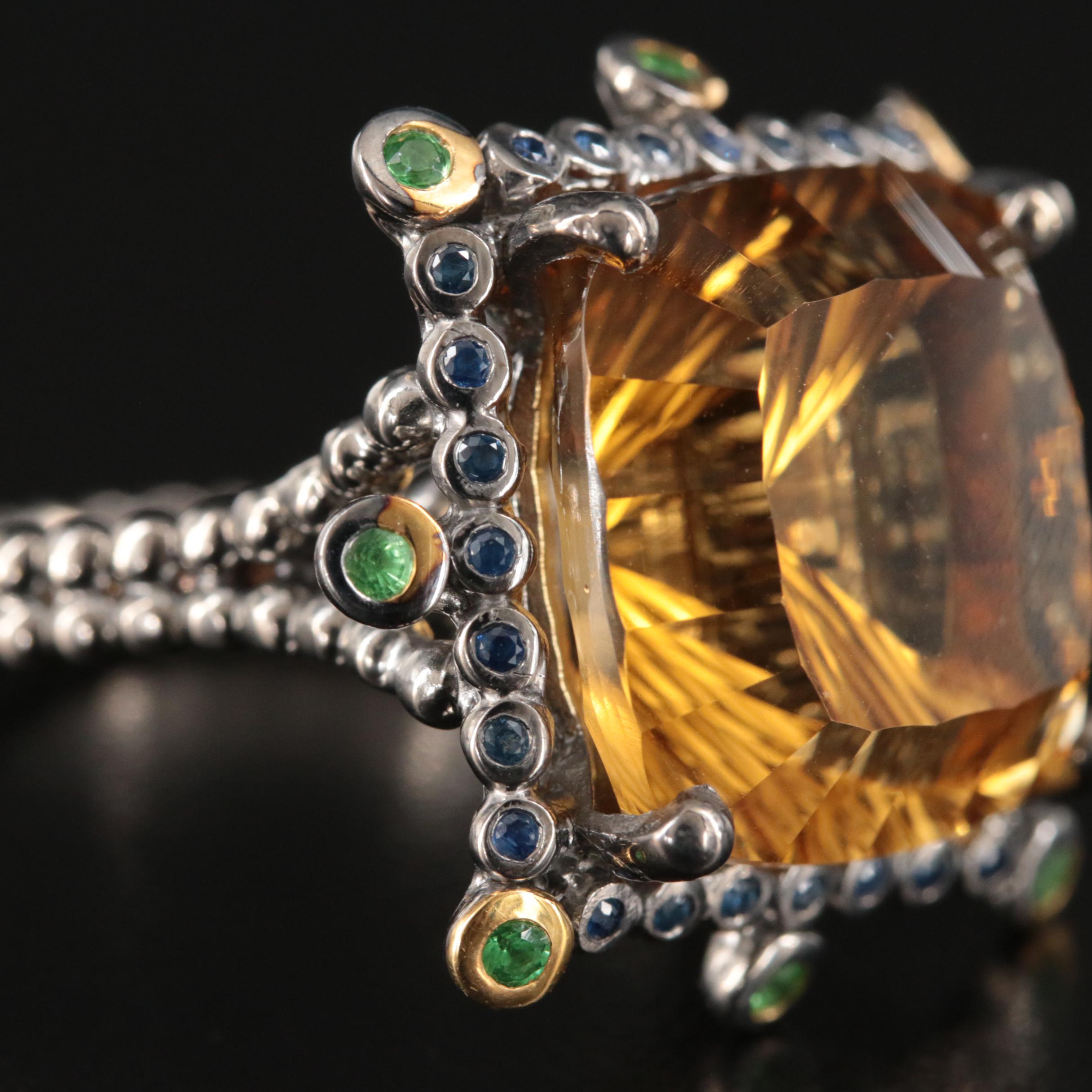 Sterling Citrine, Sapphire and Diopside Ring