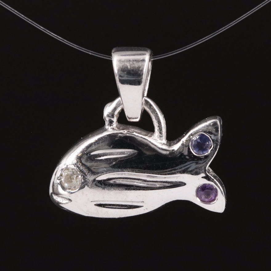 Sterling Amethyst, White Topaz, and Iolite Fish Pendant