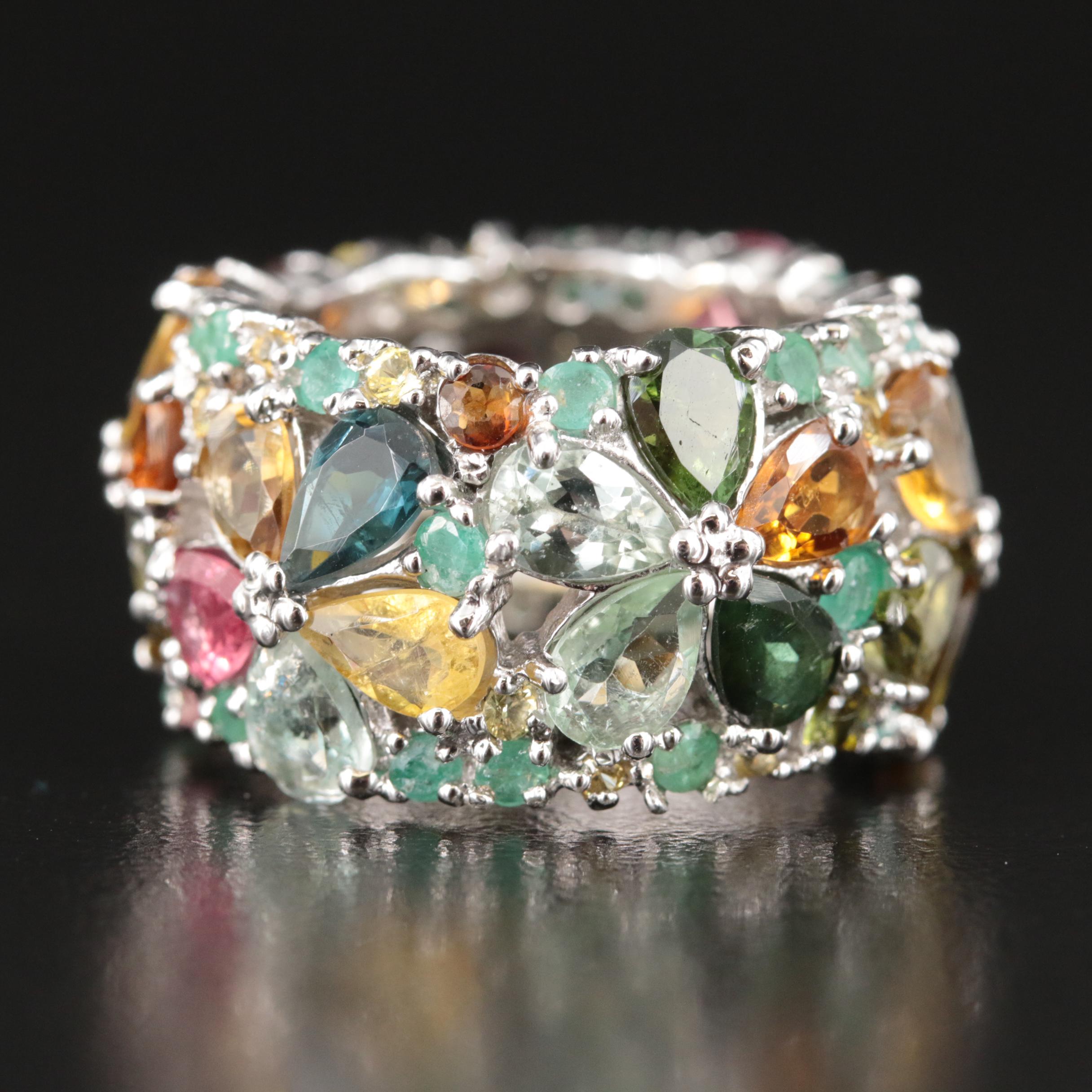 Sterling Tourmaline, Emerald and Peridot Floral Ring