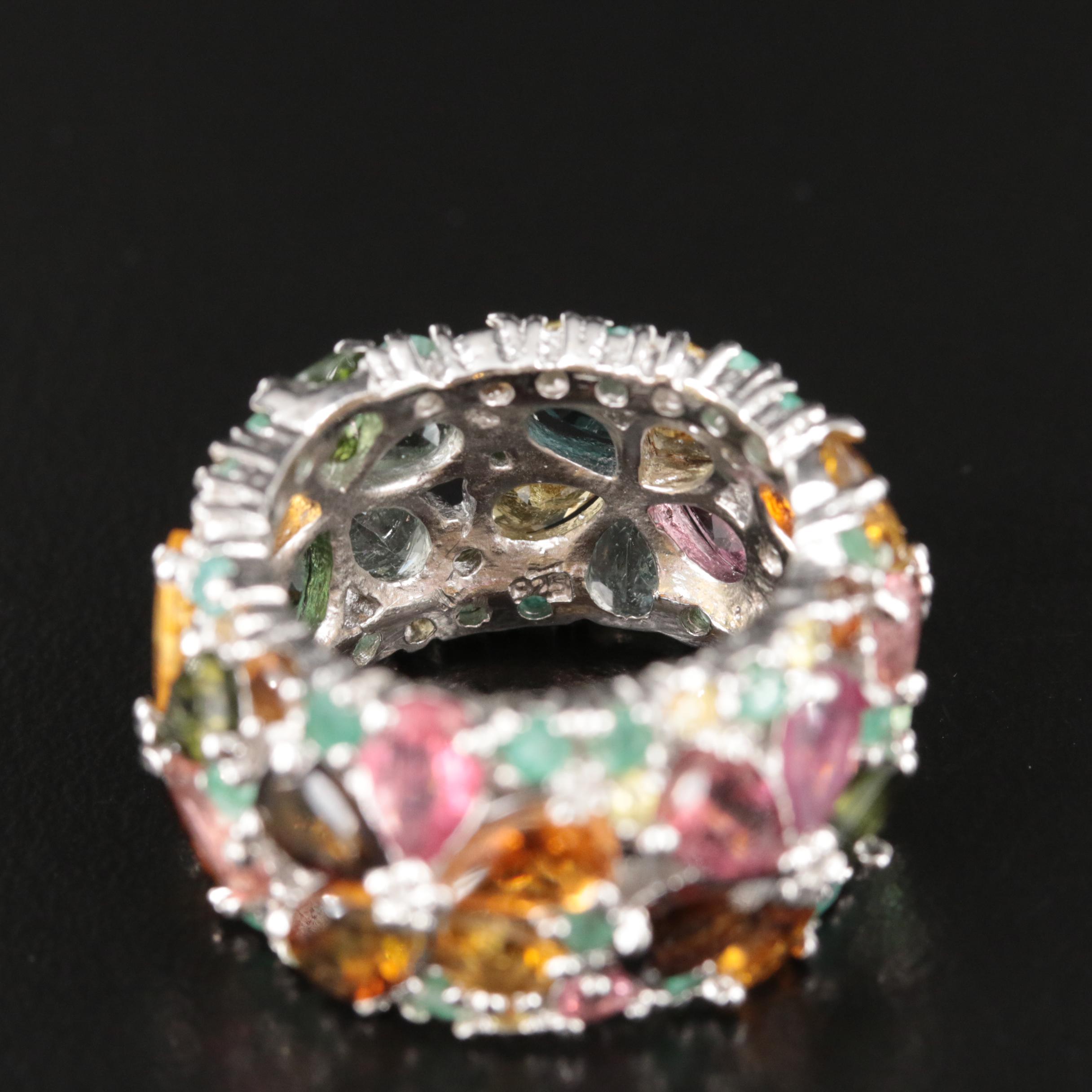 Sterling Tourmaline, Emerald and Peridot Floral Ring