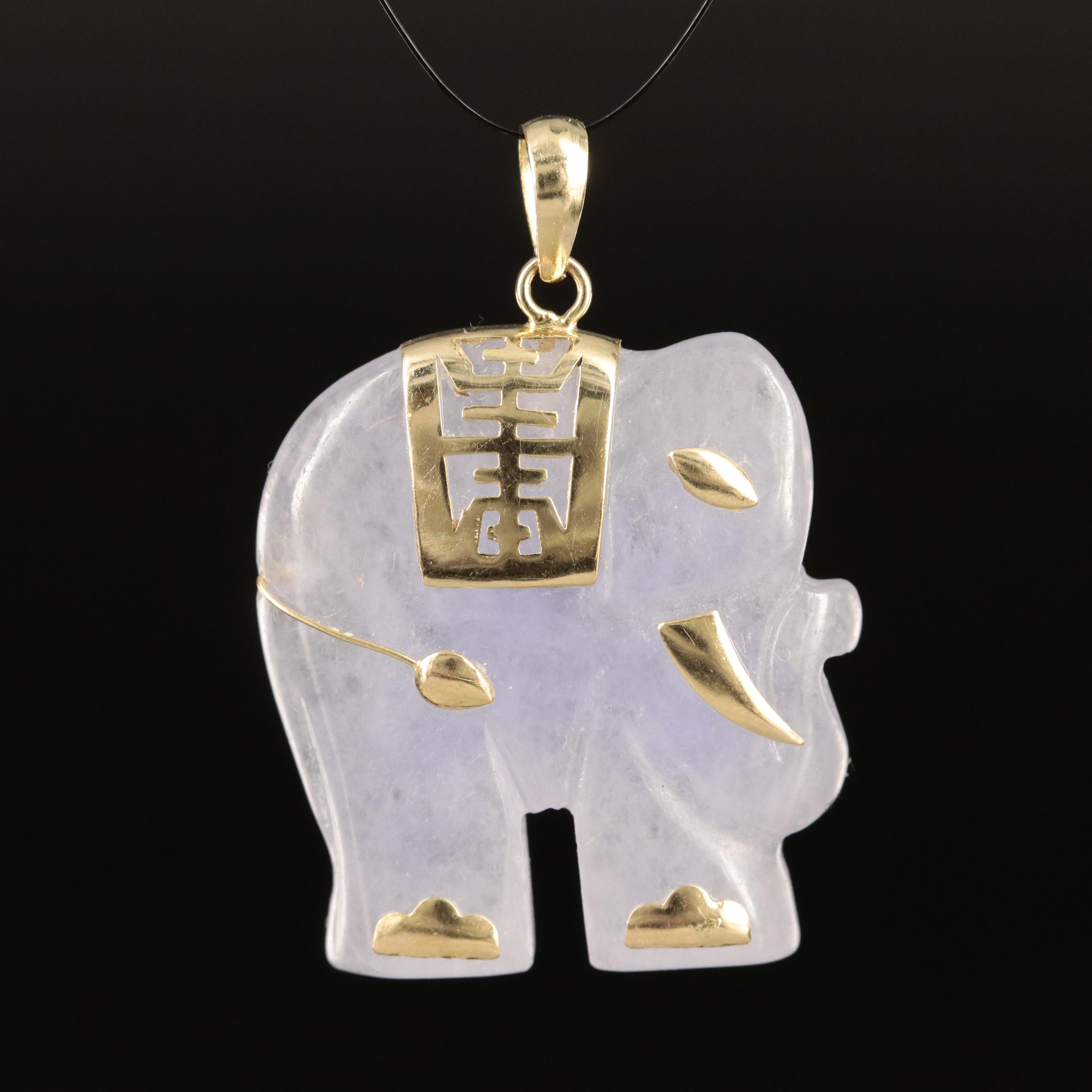 14K Carved Jadeite Elephant Pendant with Longevity Accent