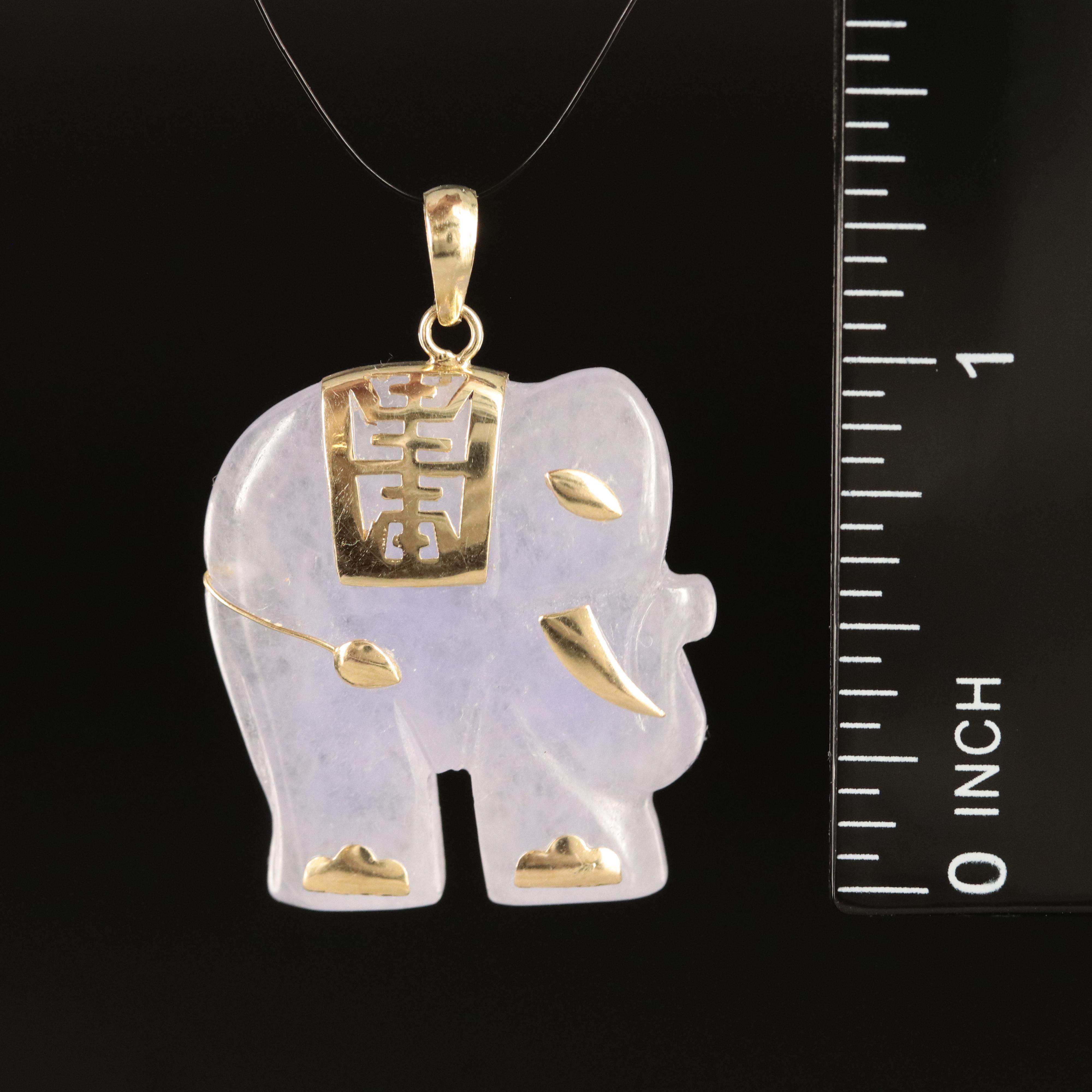 14K Carved Jadeite Elephant Pendant with Longevity Accent