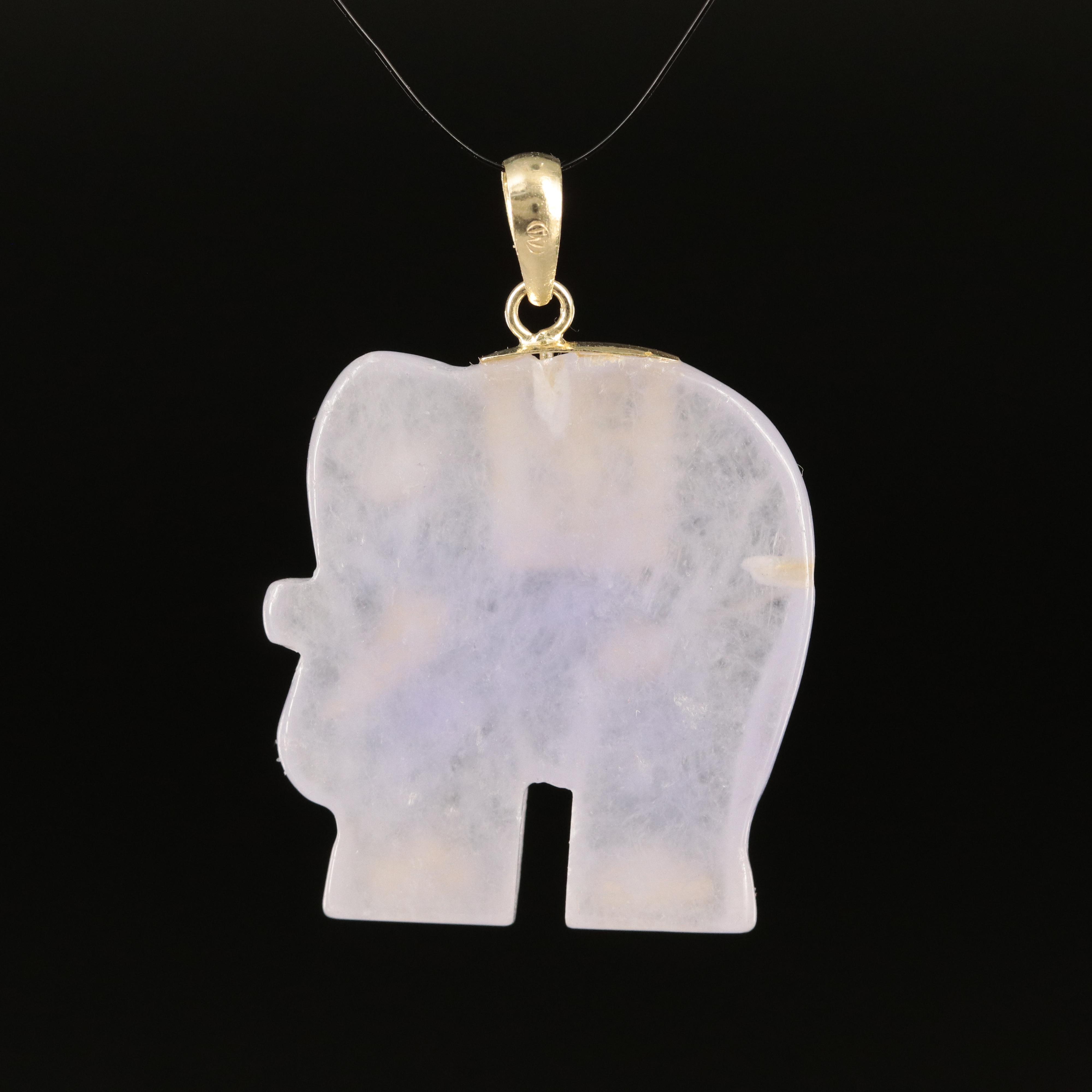 14K Carved Jadeite Elephant Pendant with Longevity Accent