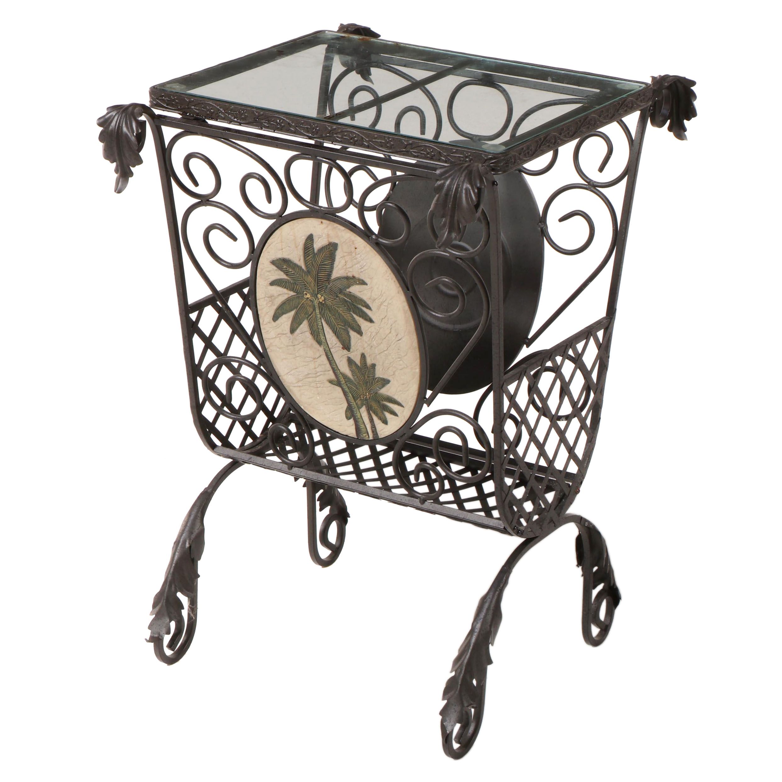 Scrolled Metal, Resin-Mounted, and Glass Top Side Table with Magazine Rack
