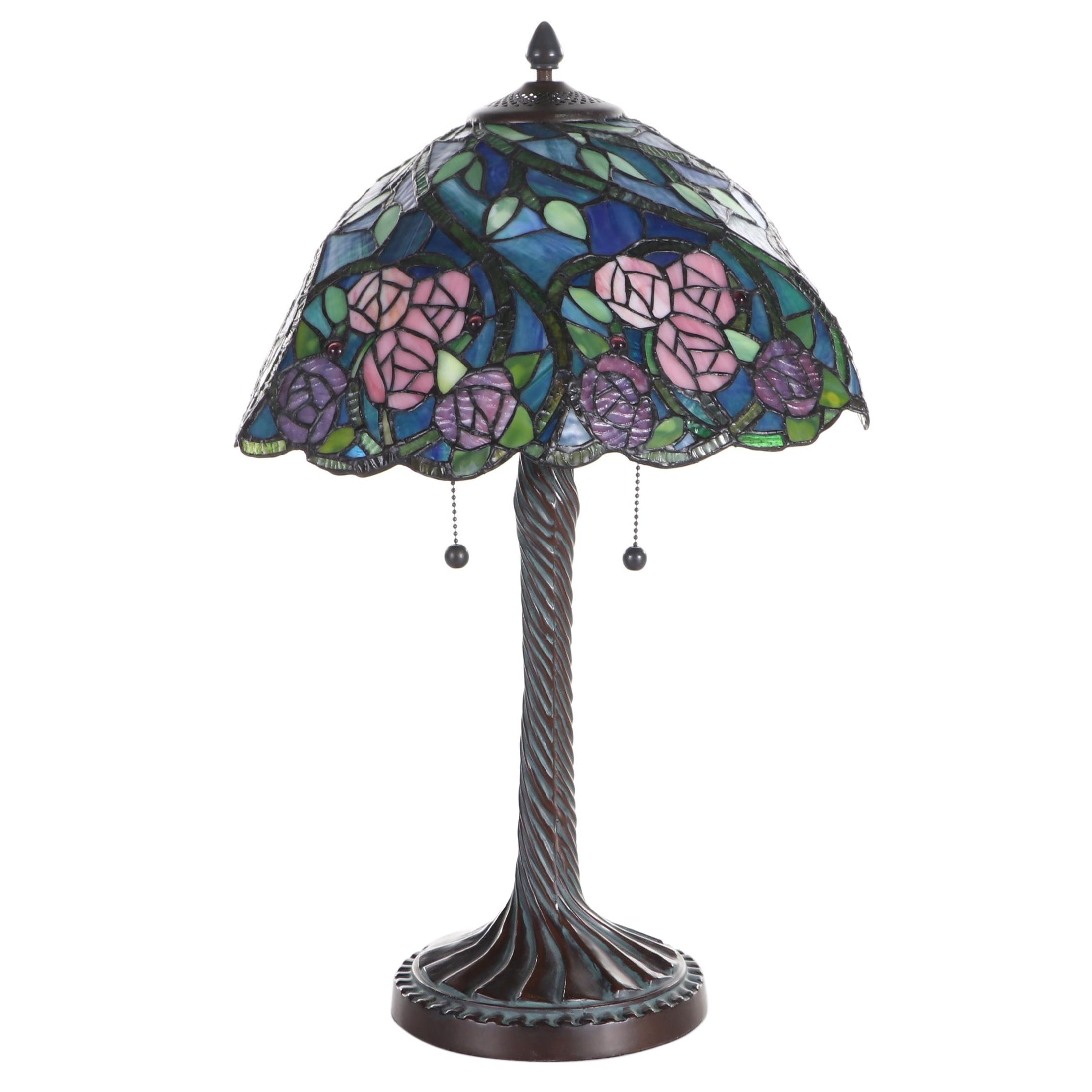Art Nouveau Style Bronze Finish Lamp with Slag Glass Shade