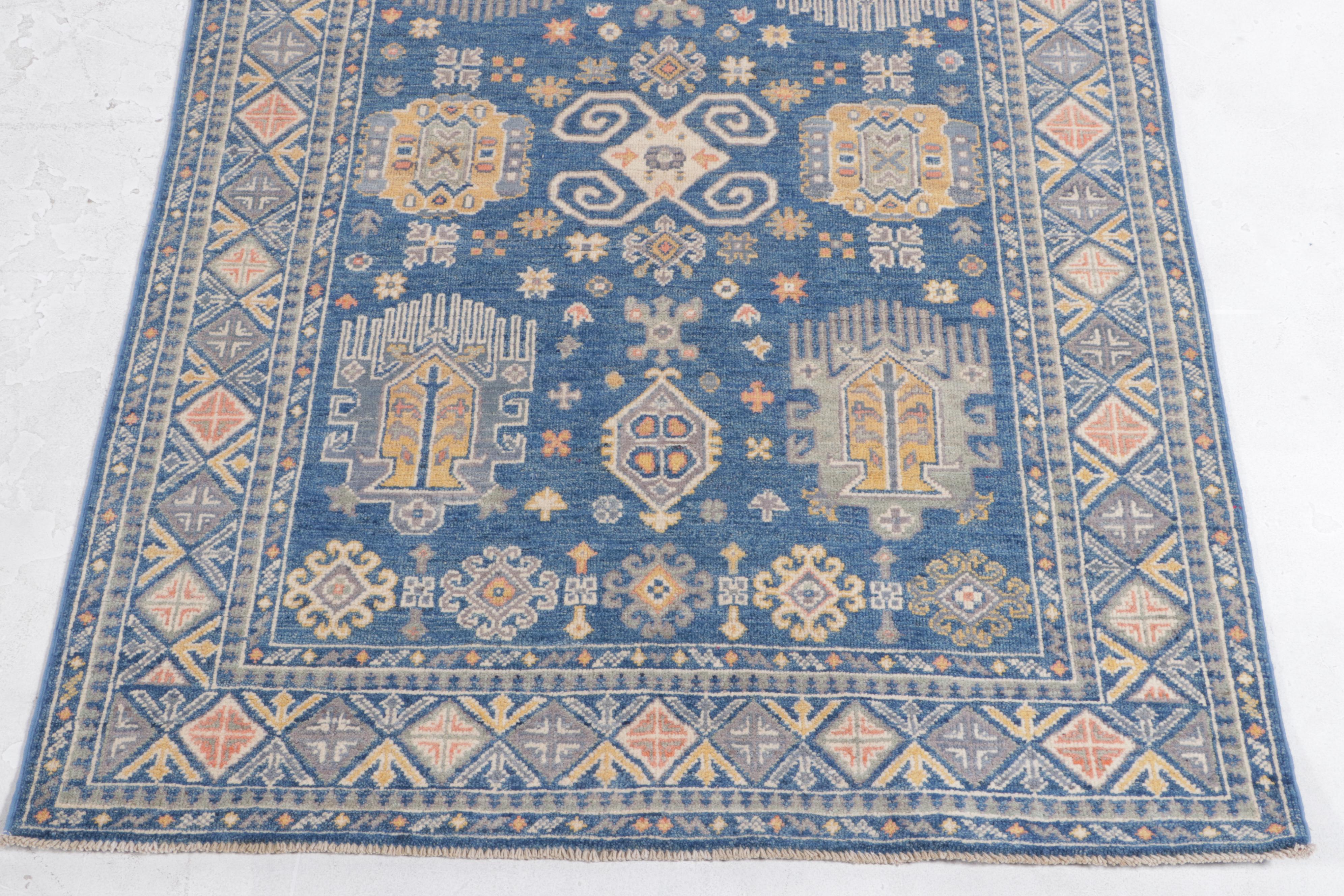4'1 x 6' Hand-Knotted Afghan Kazak Area Rug