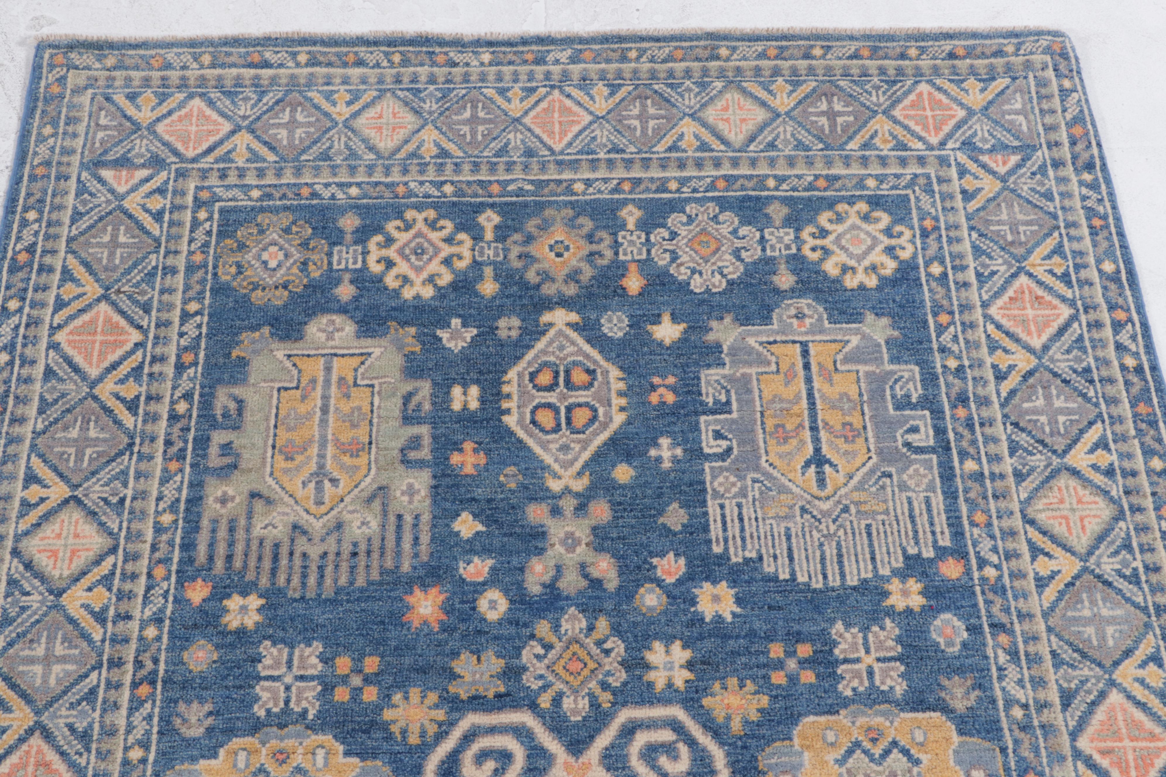 4'1 x 6' Hand-Knotted Afghan Kazak Area Rug