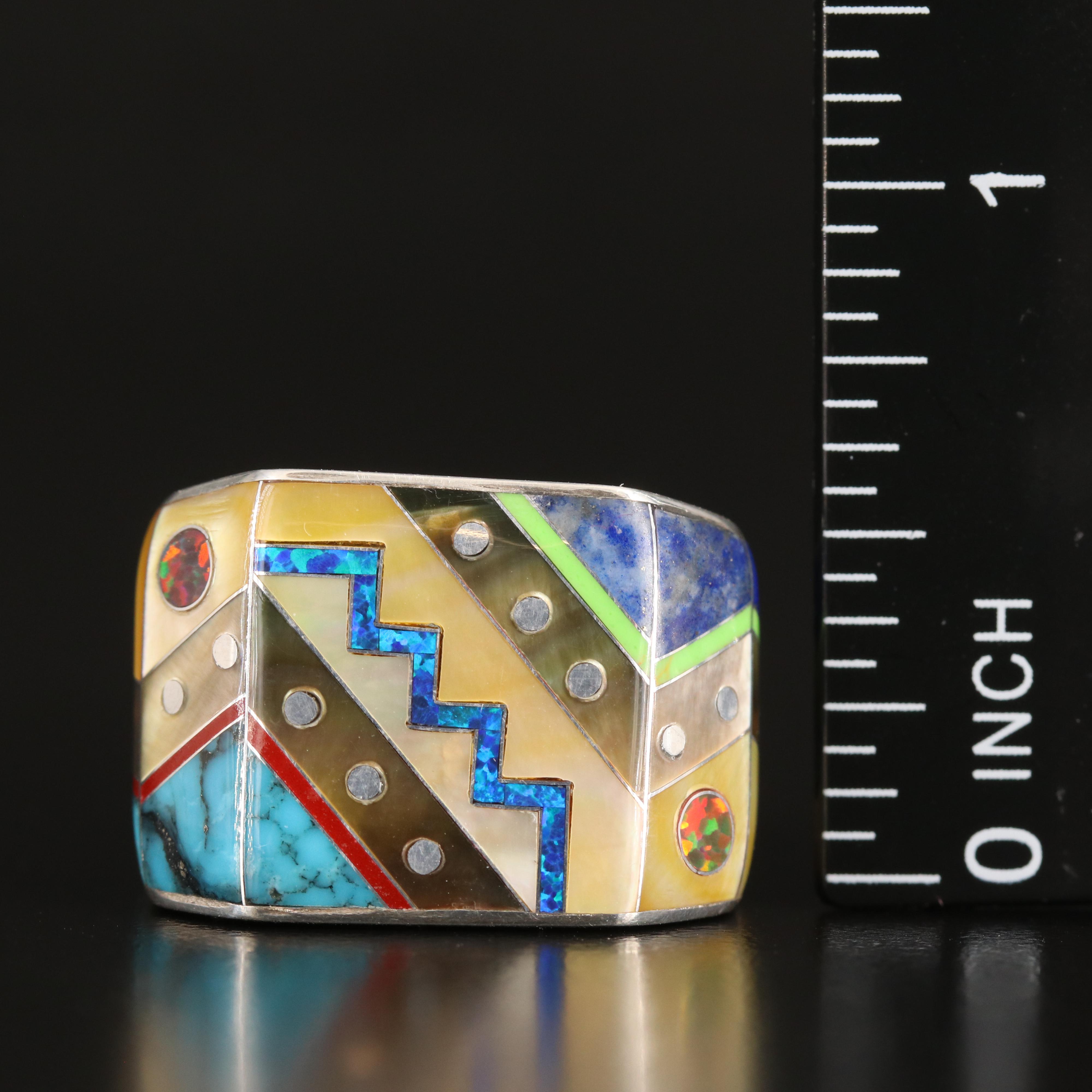 Sterling Turquoise, Mother-of-Pearl and Gemstone Inlay Ring