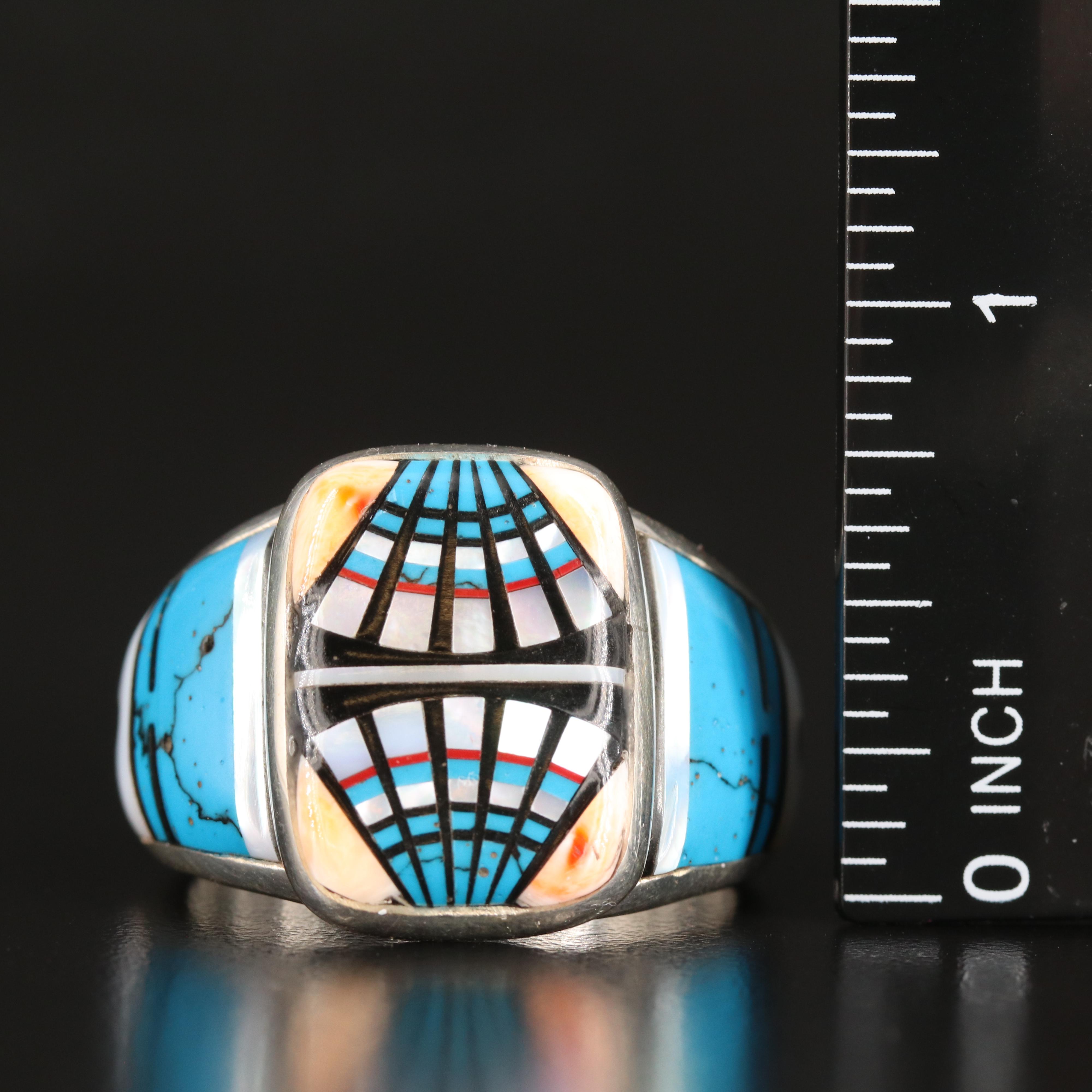 Southwestern Sterling Inlay Ring with Tewa Face Accents