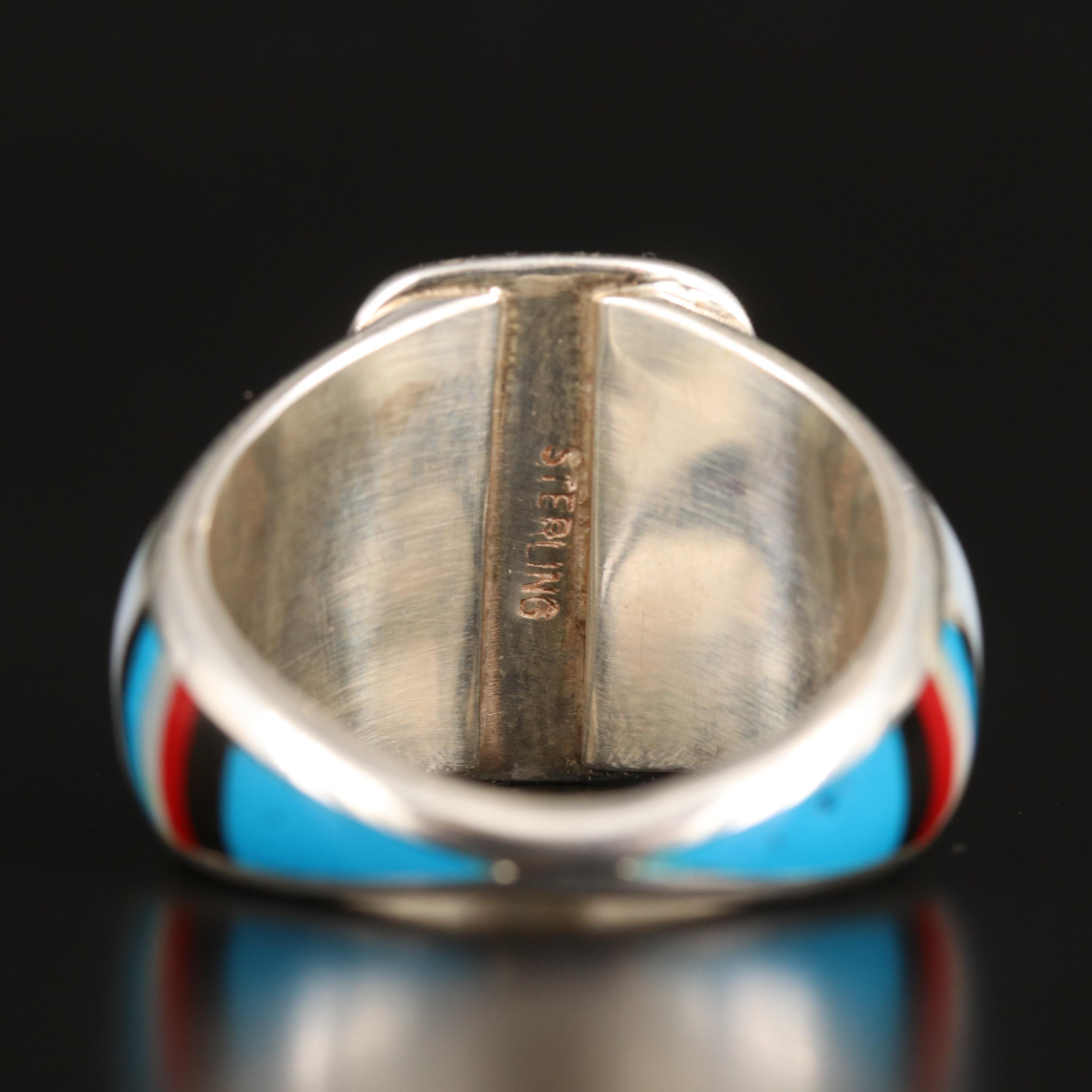 Southwestern Sterling Inlay Ring with Tewa Face Accents