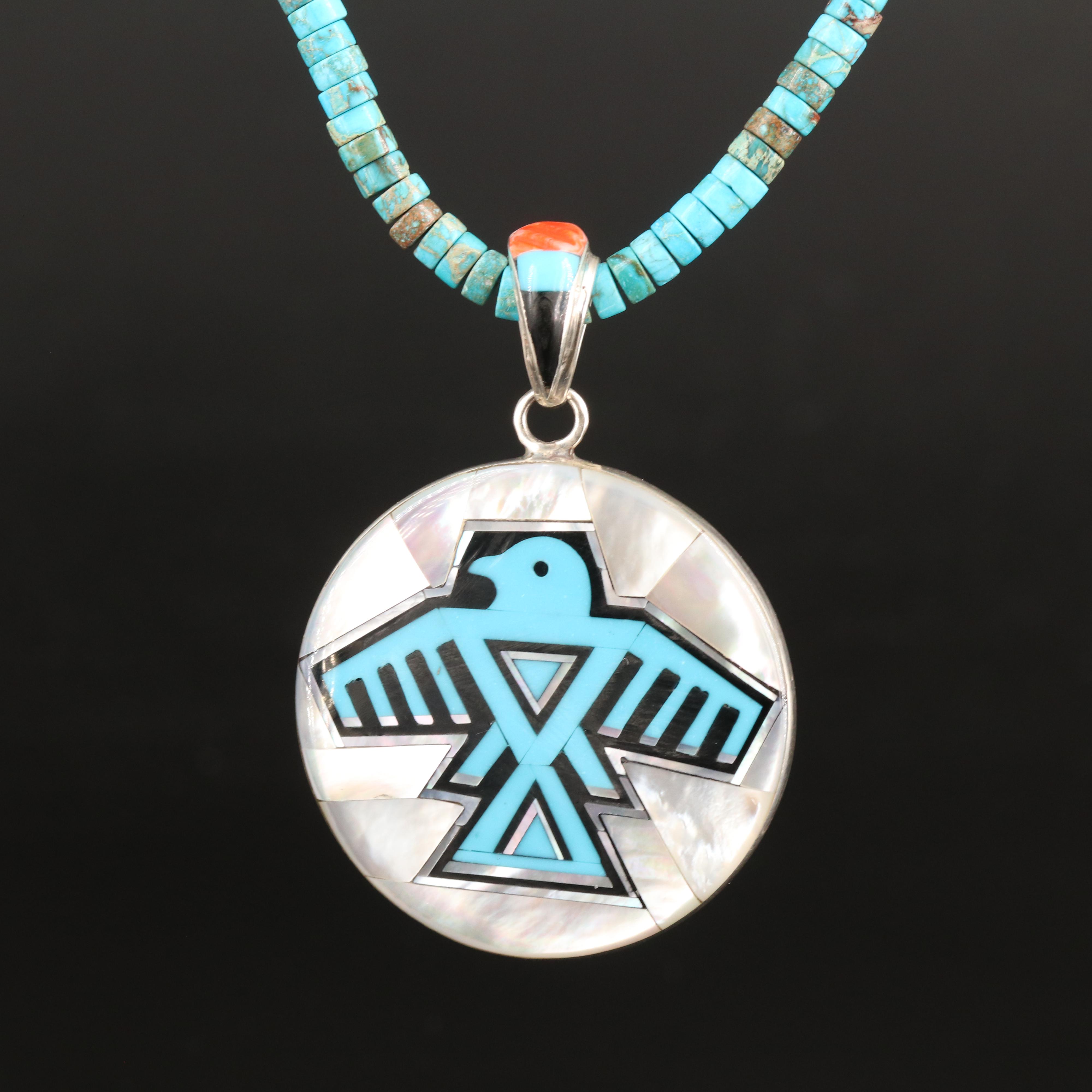 Sterling Turquoise and Gemstone Inlay Reversible Pendant Necklace