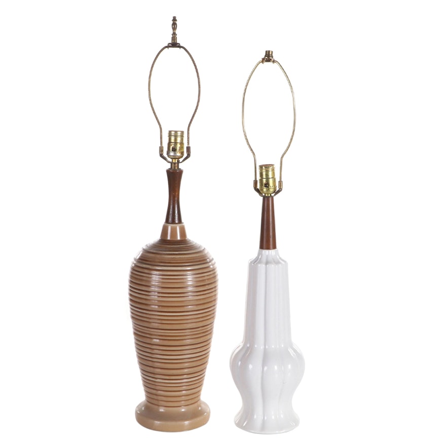 Fluted and Ribbed Ceramic and Wood Table Lamps, Mid-20th Century