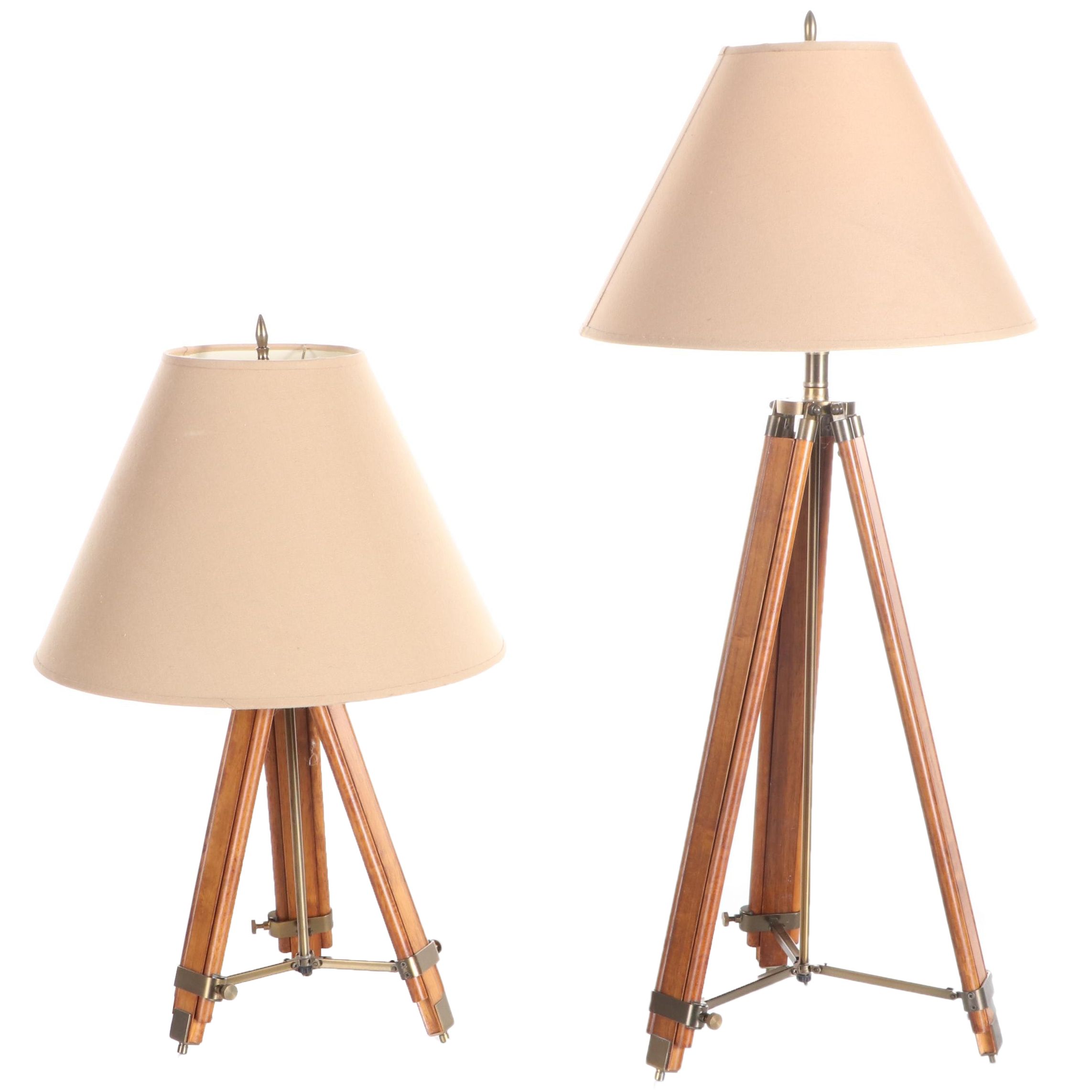 Wood and Brass Surveyor's Tools Tripod Adjustable Floor and Table Lamps