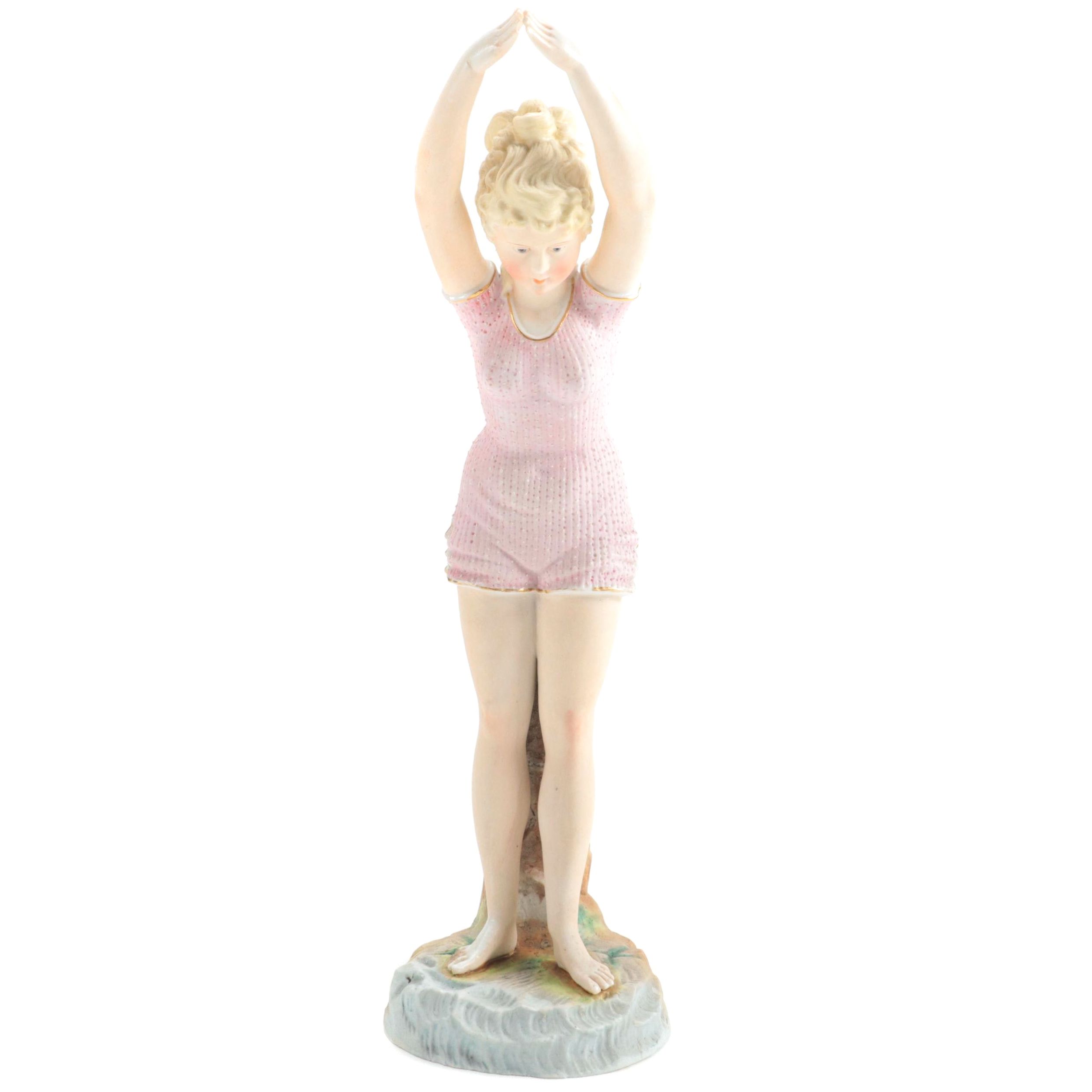 Late Victorian Painted Bisque Female Swimmer Figurine