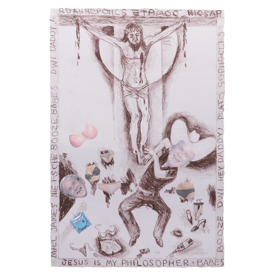 Sidney Chafetz Lithograph With Appliqué "Jesus is My Philosopher & Babes," 2009