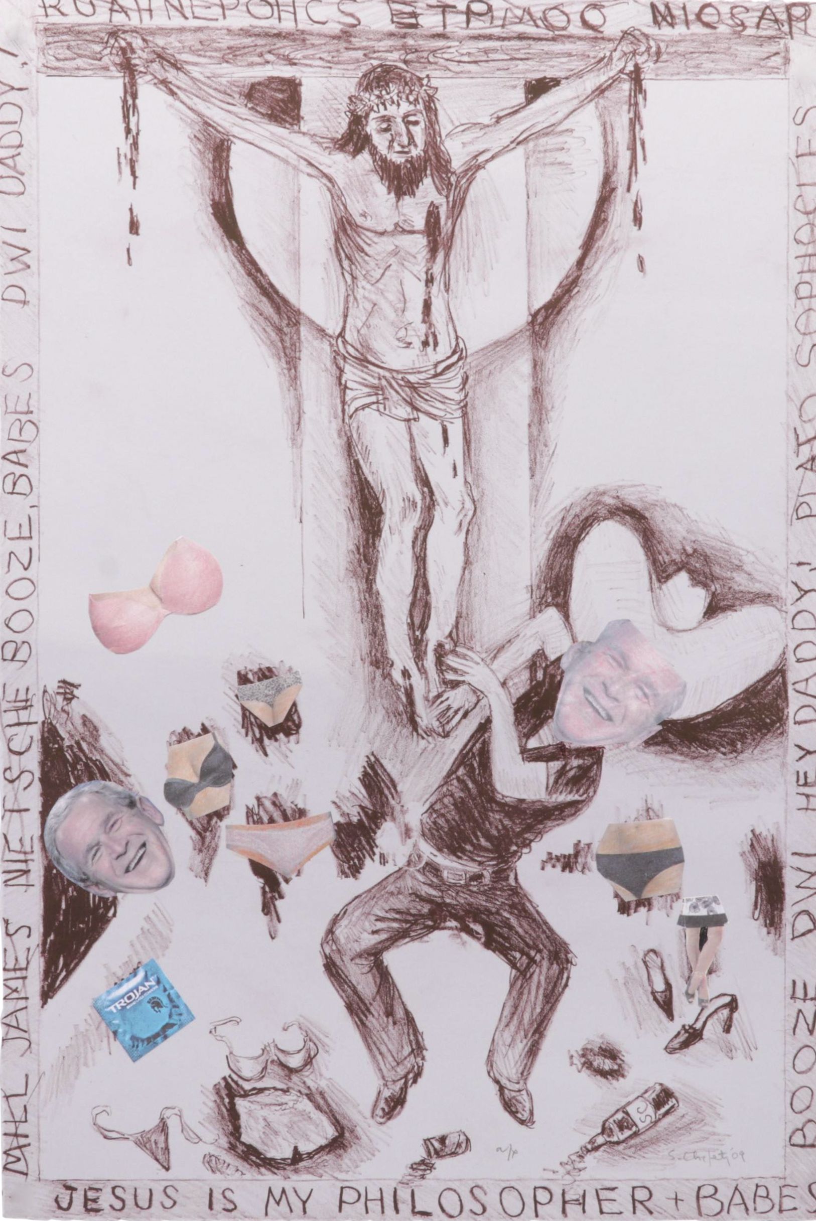 Sidney Chafetz Lithograph With Appliqué "Jesus is My Philosopher & Babes," 2009