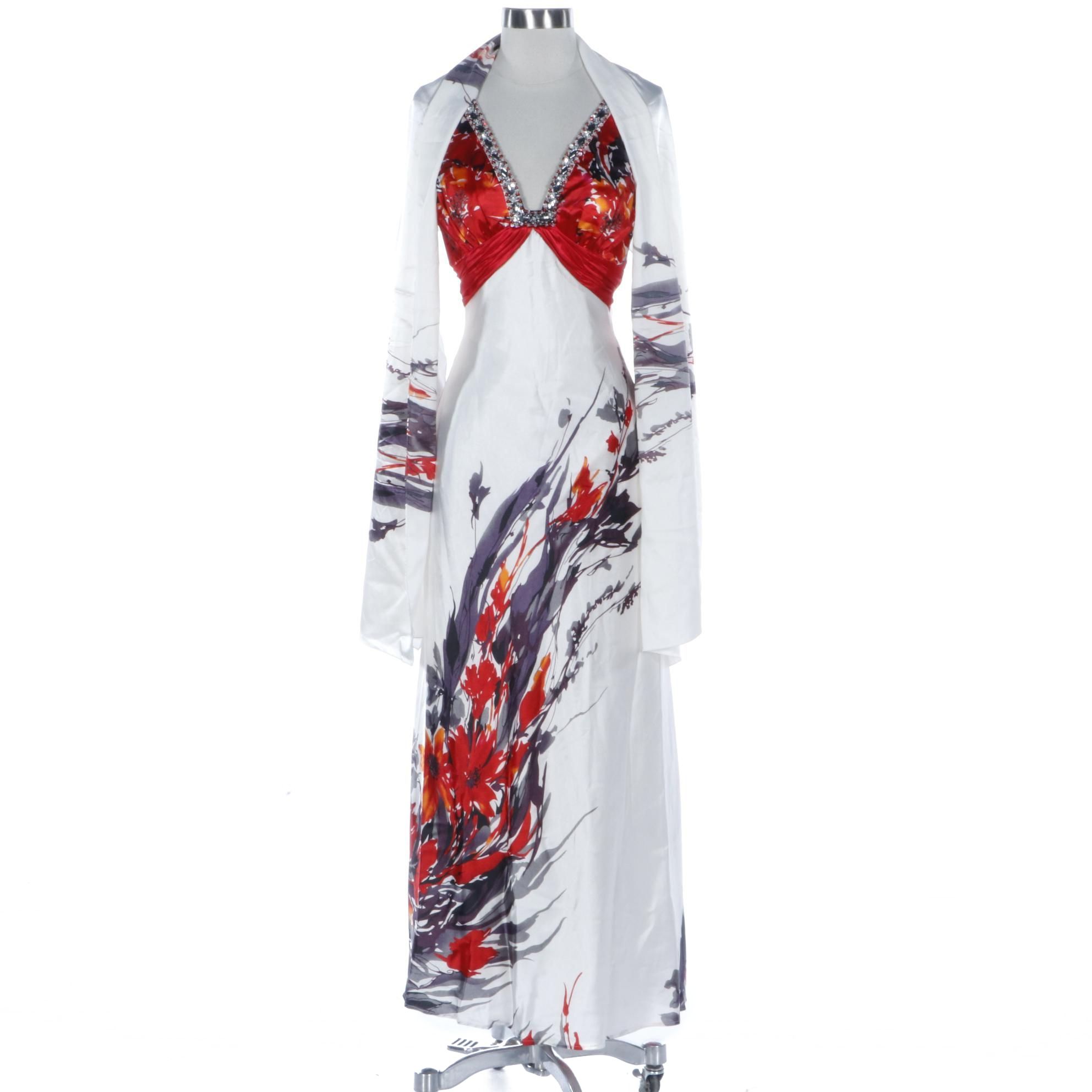Clarisse Embellished Floral Evening Dress with Scarf