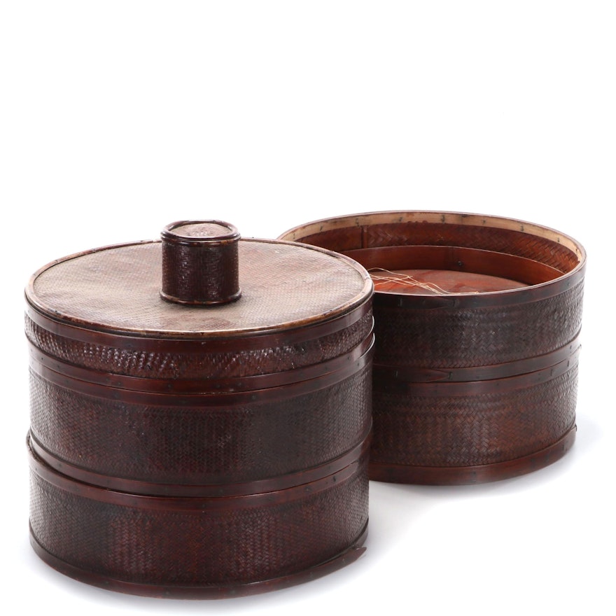 Chinese Woven Bamboo and Wood Hat Storage Box