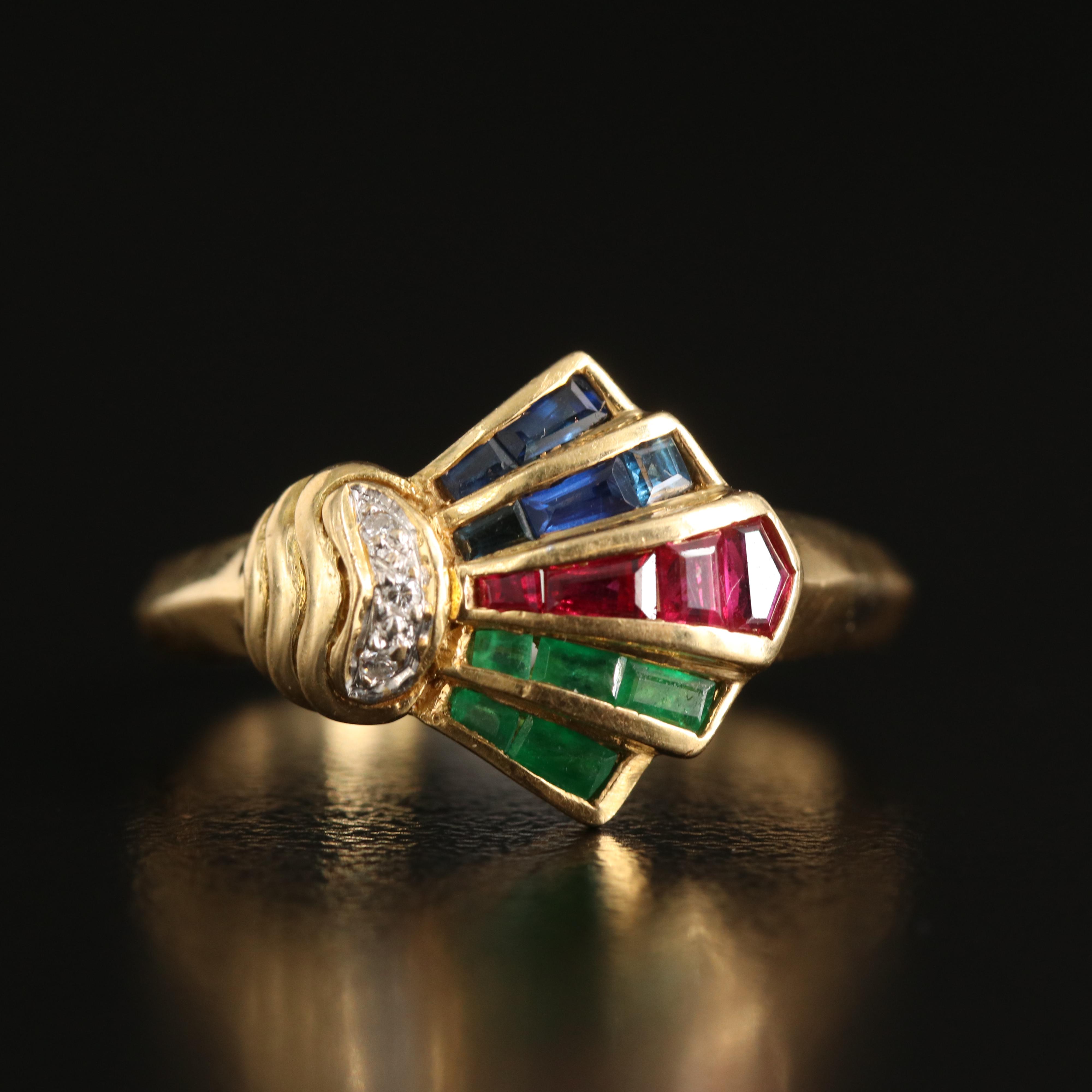 18K Ruby, Sapphire, Emerald and Diamond Fan Ring