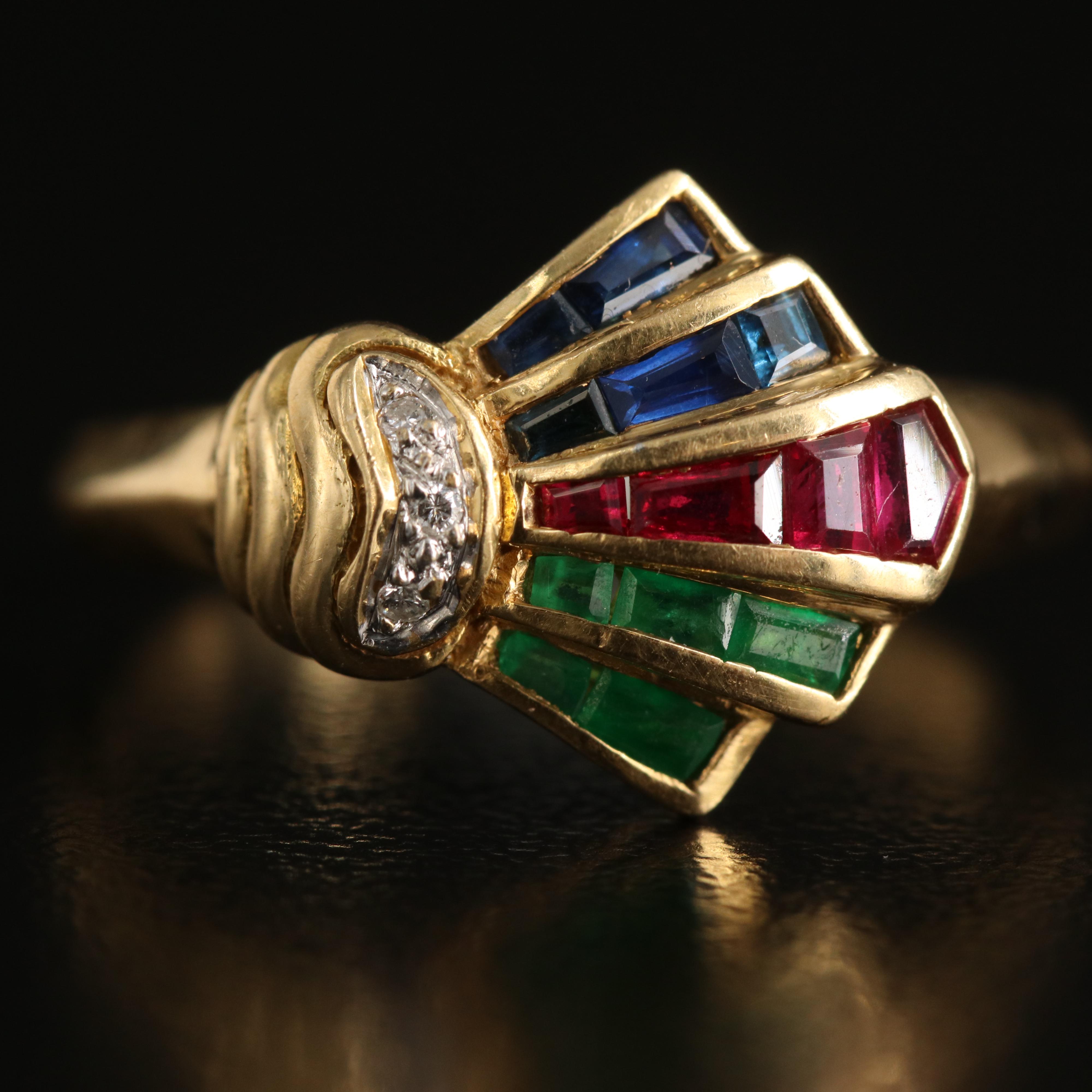 18K Ruby, Sapphire, Emerald and Diamond Fan Ring